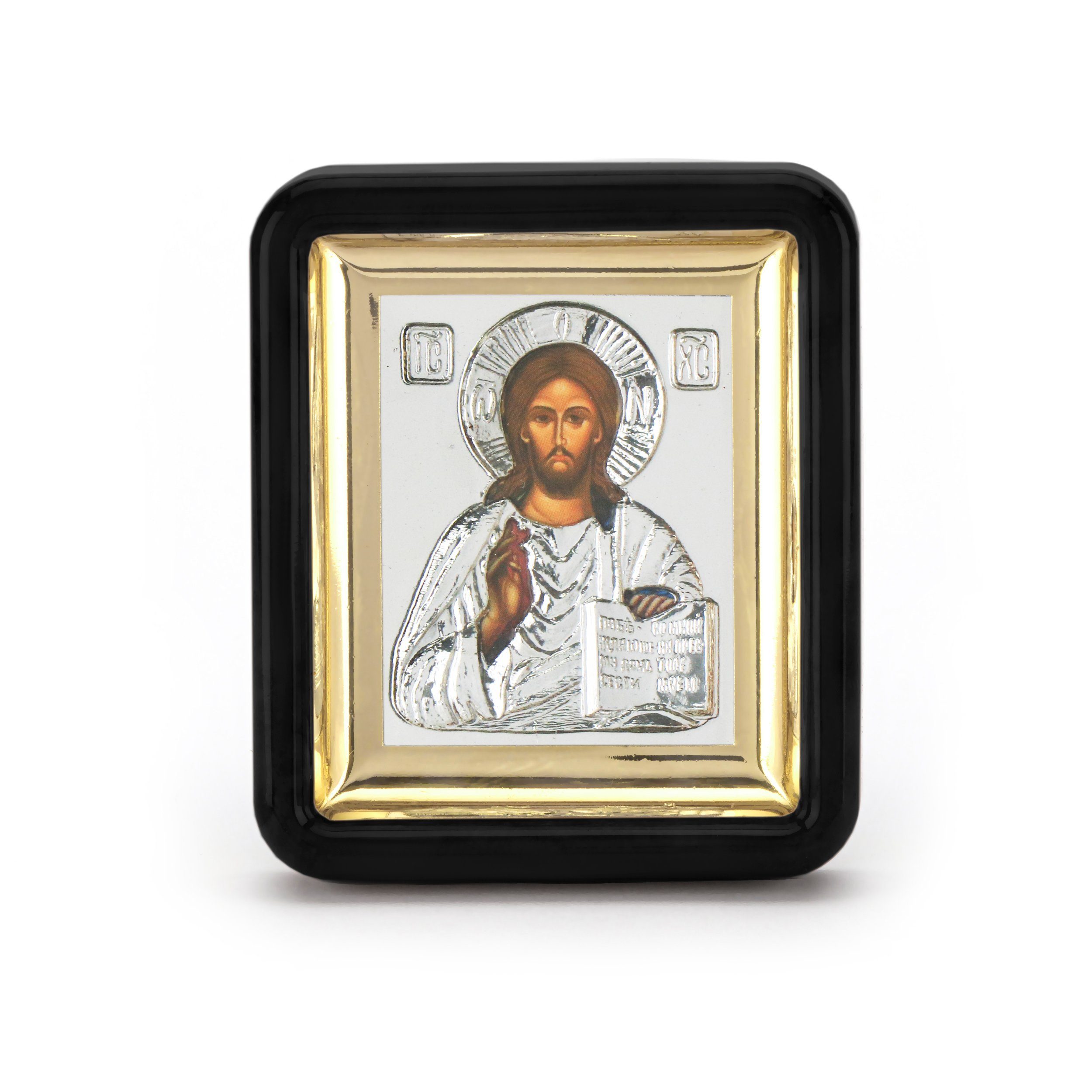 Holzbild Jesus Christus Ikone in schwarzen Rahmen mit Glass
