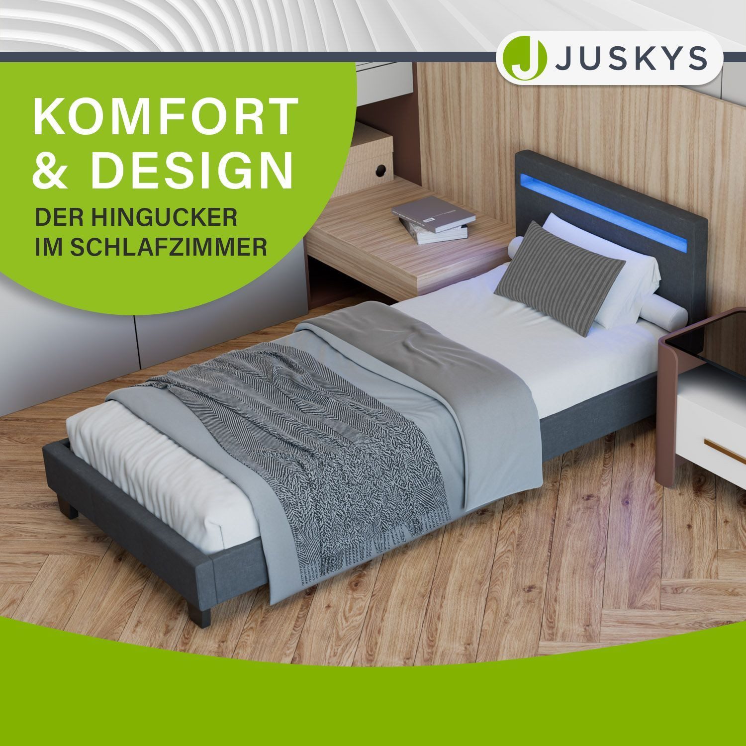 Juskys Polsterbett Verona, 90x200 cm, LED-Licht, günstig online kaufen