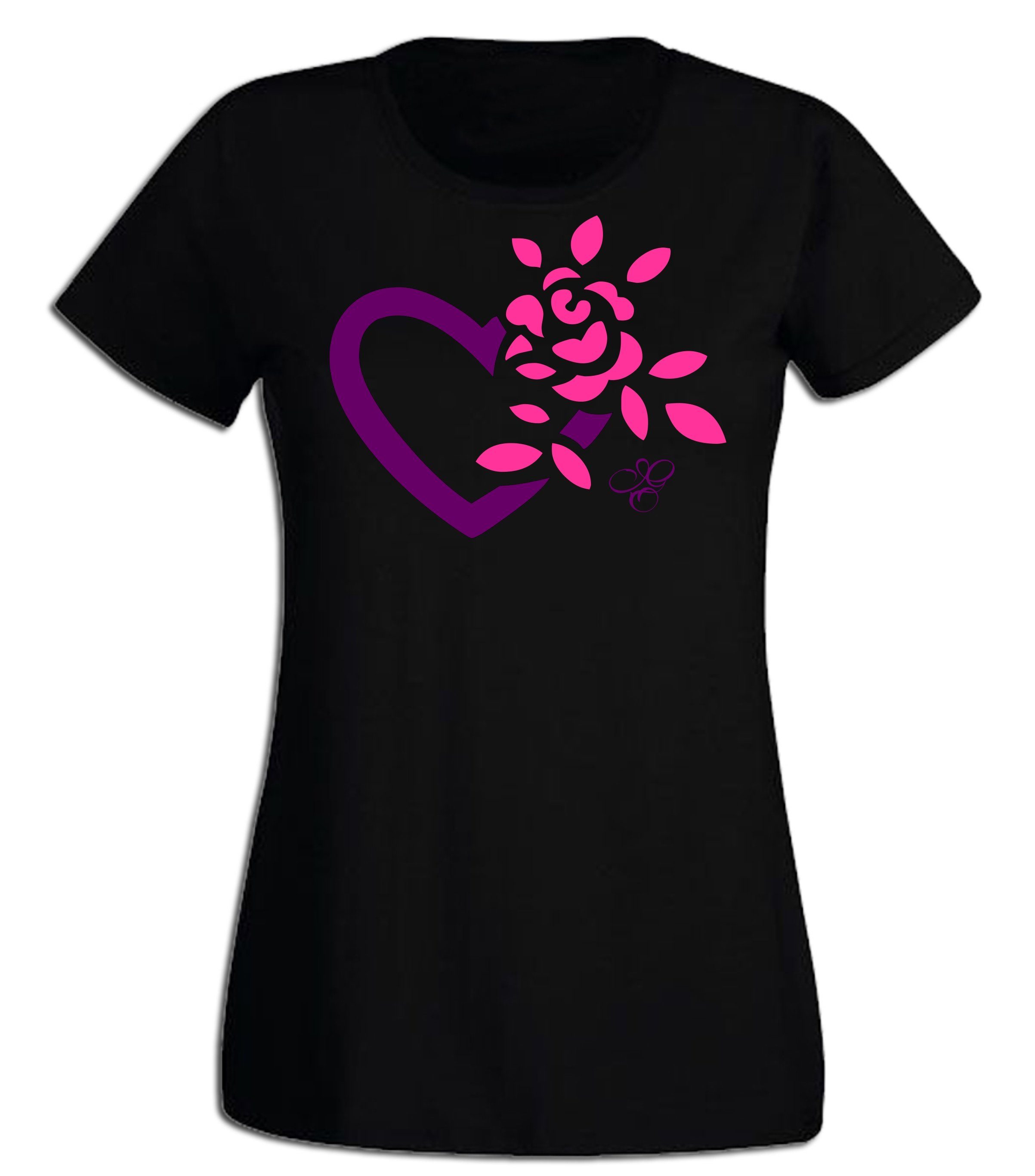 G-graphics T-Shirt Damen T-Shirt - Herz mit Blume Pink-Purple-Collection, mit trendigem Frontprint, Slim-fit, Aufdruck auf der Vorderseite, Print/Motiv, für jung & alt