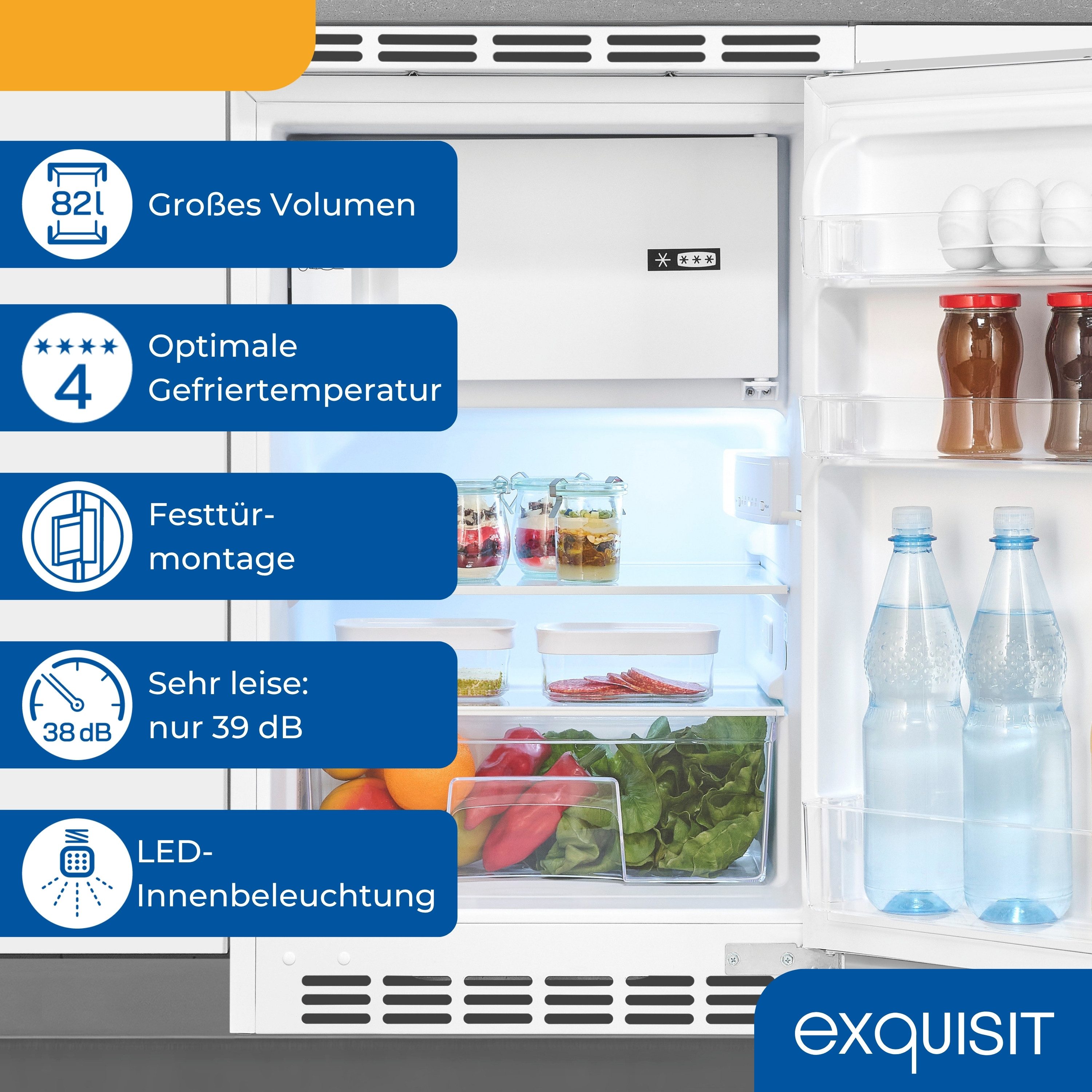 exquisit Einbaukühlschrank UKS115-3-081E, 81,5 cm hoch, 49,5 cm breit, Ideal zum Unterbauen in die Küchenzeile für kleine Küchen, Büroküchen – Bild 2 von 5