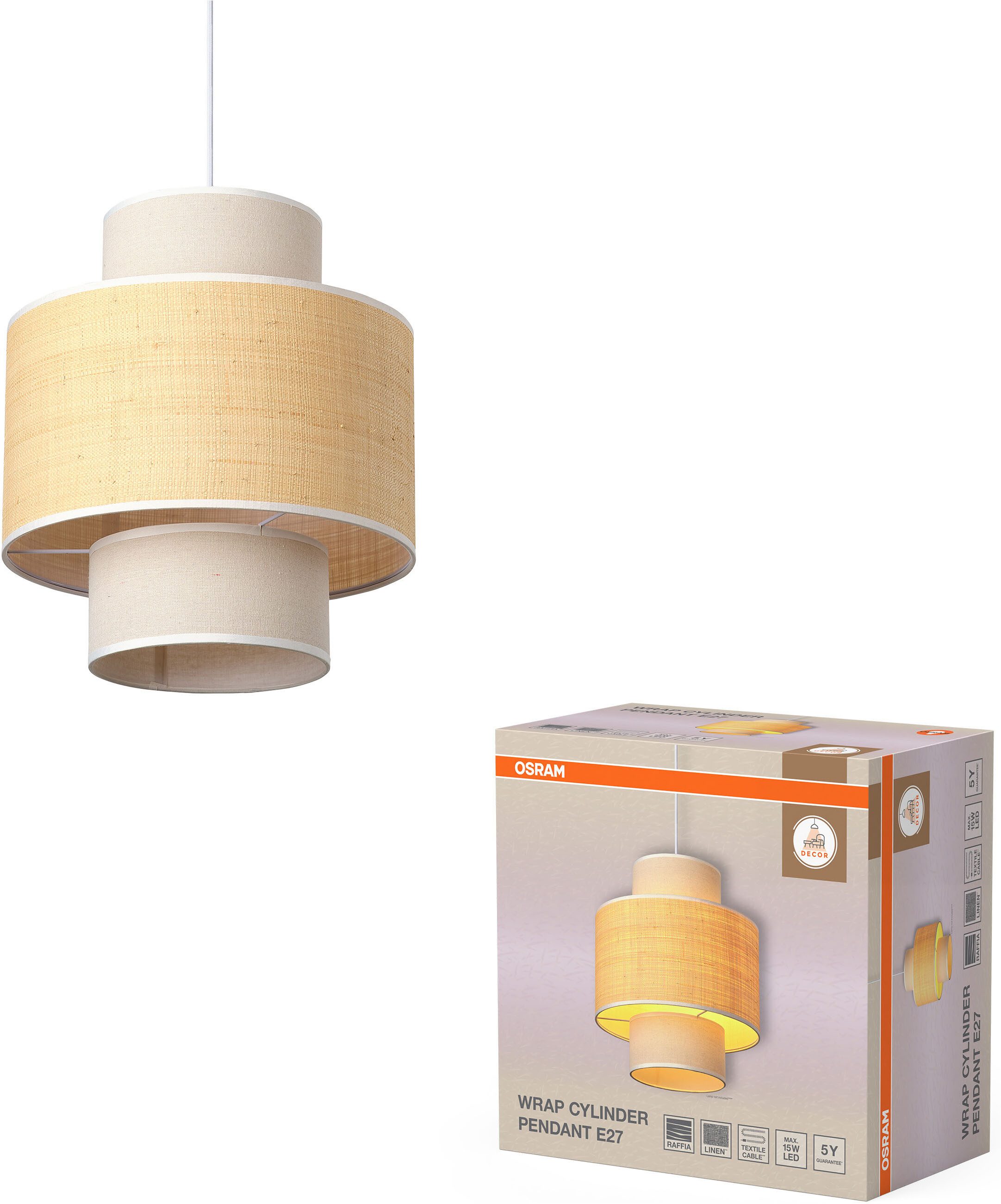Osram Pendelleuchte Decor Wrap, ohne Leuchtmittel, Fassung E27, Bast und Leinen und Stahl