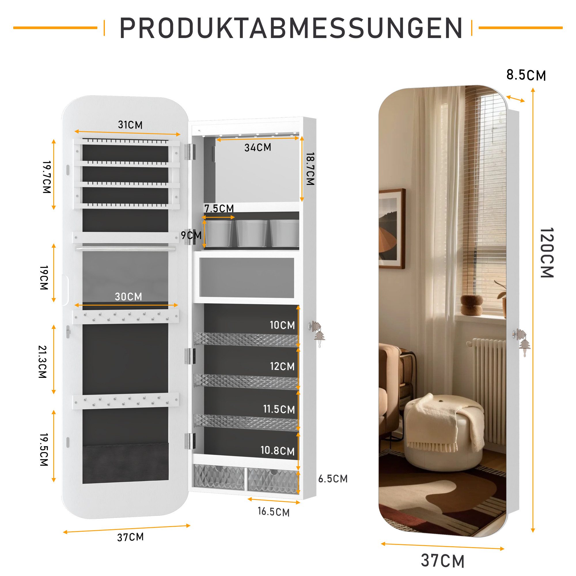 LVSOMT Schmuckschrank LED Ovaler Hängeschrank, Abschließbarer Türspiegel/Wa günstig online kaufen
