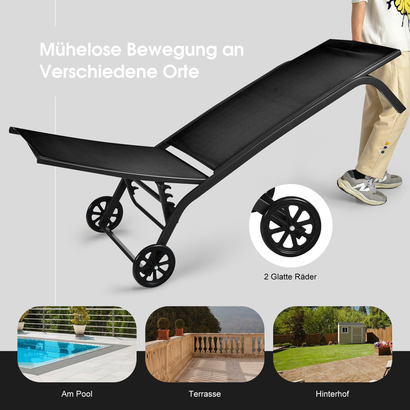 COSTWAY Gartenliege Sonnenliege, mit Rollen, 6-fach verstellbar