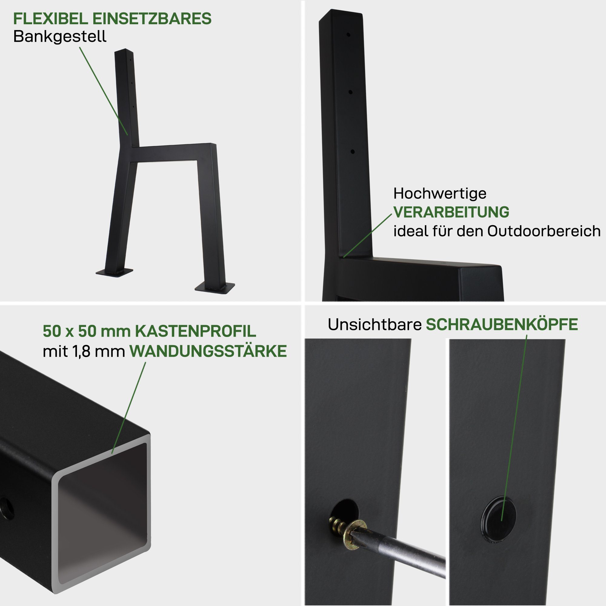 Natural Goods Berlin Sitzbank h-FORM (2-St), Bankkufen mit Rückenlehnenhalterung, Gartenbank, Parkstuhl, Schwarz
