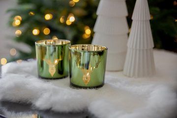 EDZARD Windlicht Ted (2er-Set), Kerzenglas-Set für Teelichter mit Hirsch-Motiv in Gold-Optik, Teelichthalter für Maxiteelichter, Höhe 8 cm, Ø 7 cm