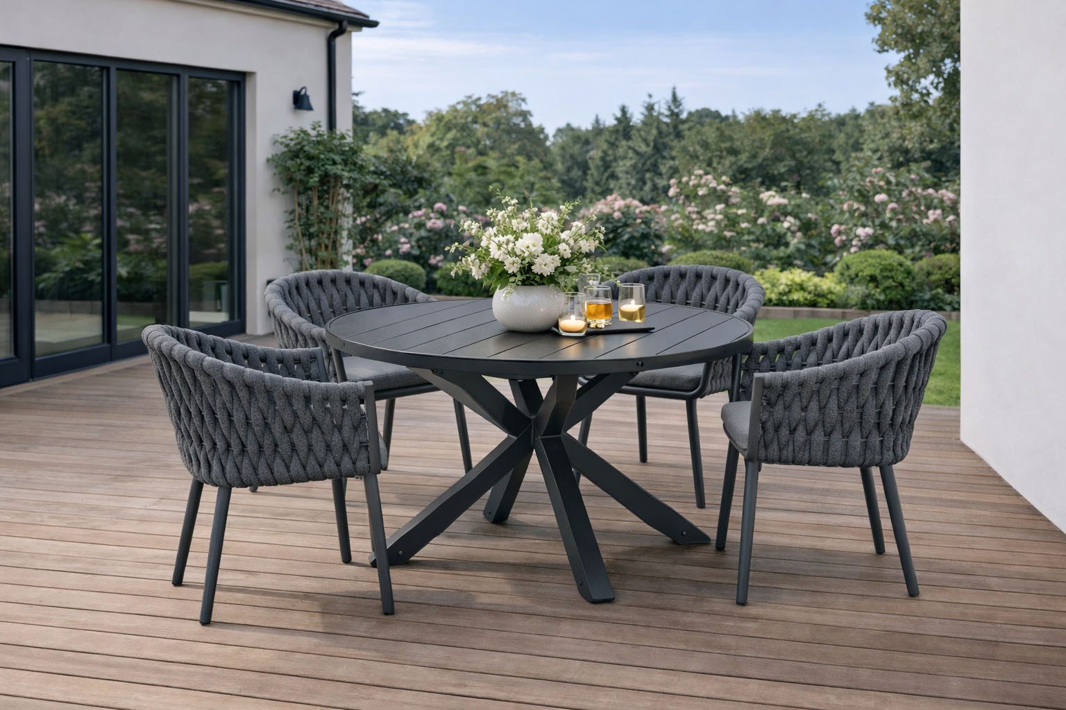 Destiny Garten-Essgruppe MOLINO ARONA 4 Se + Ausziehtisch Ø120/170cm, anthrazit, (Set, 4 Sessel inkl. Sitzkissen, 1 Tisch mit Synchronauszug), Aluminium, Rope