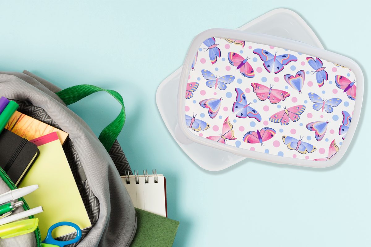 Muster, und Kinder (2-tlg), Mädchen und weiß für MuchoWow Kunststoff, Jungs Brotbox Lunchbox Punkte Schmetterlinge für Brotdose, - - Erwachsene,