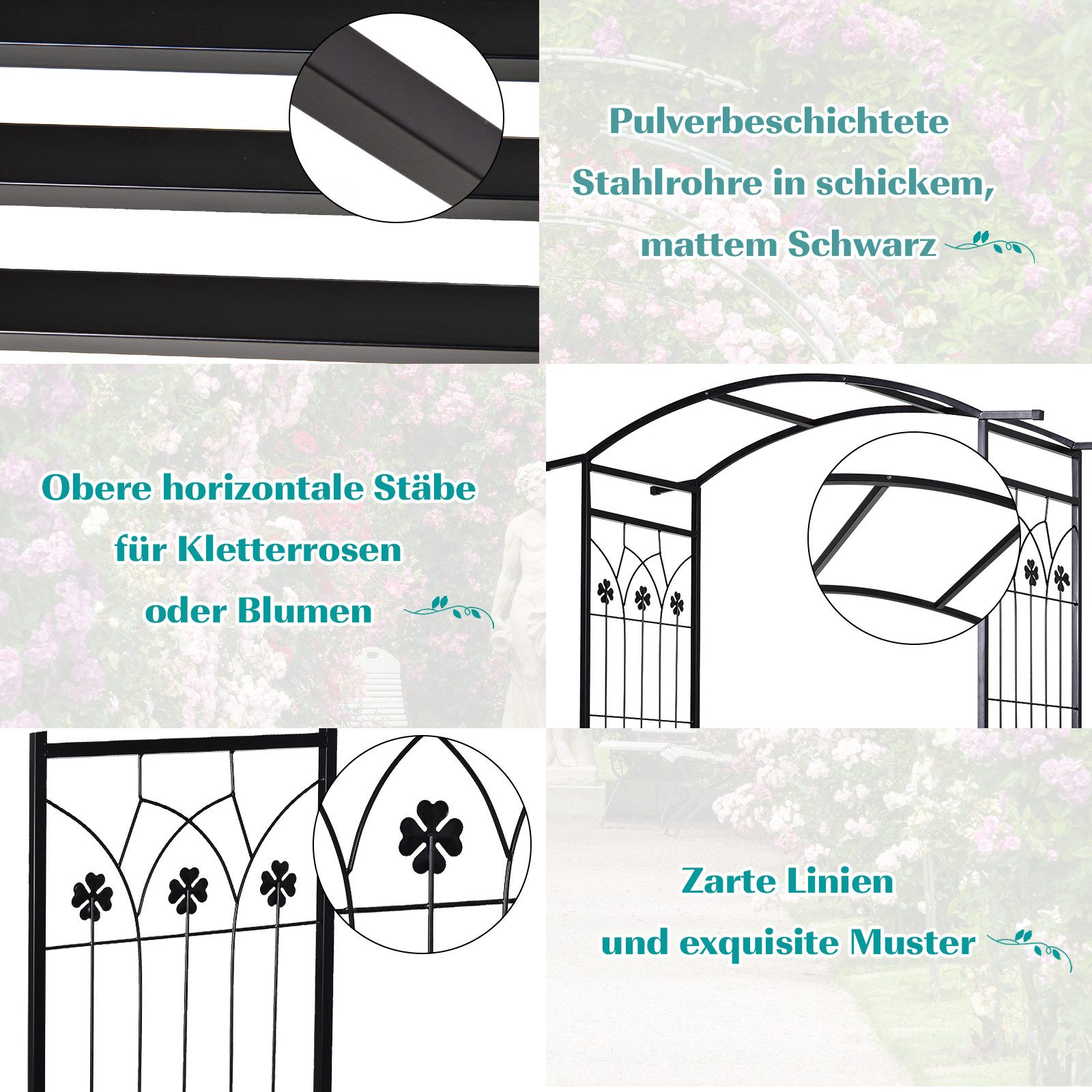 Outsunny Rosenbogen Torbogen Rankgitter Rankhilfe Garten Bogendach Sitzbank, 1 St., Pflanzbogen mit Bank, Metall Schwarz 154 x 60 x 205 cm – Bild 4 von 5
