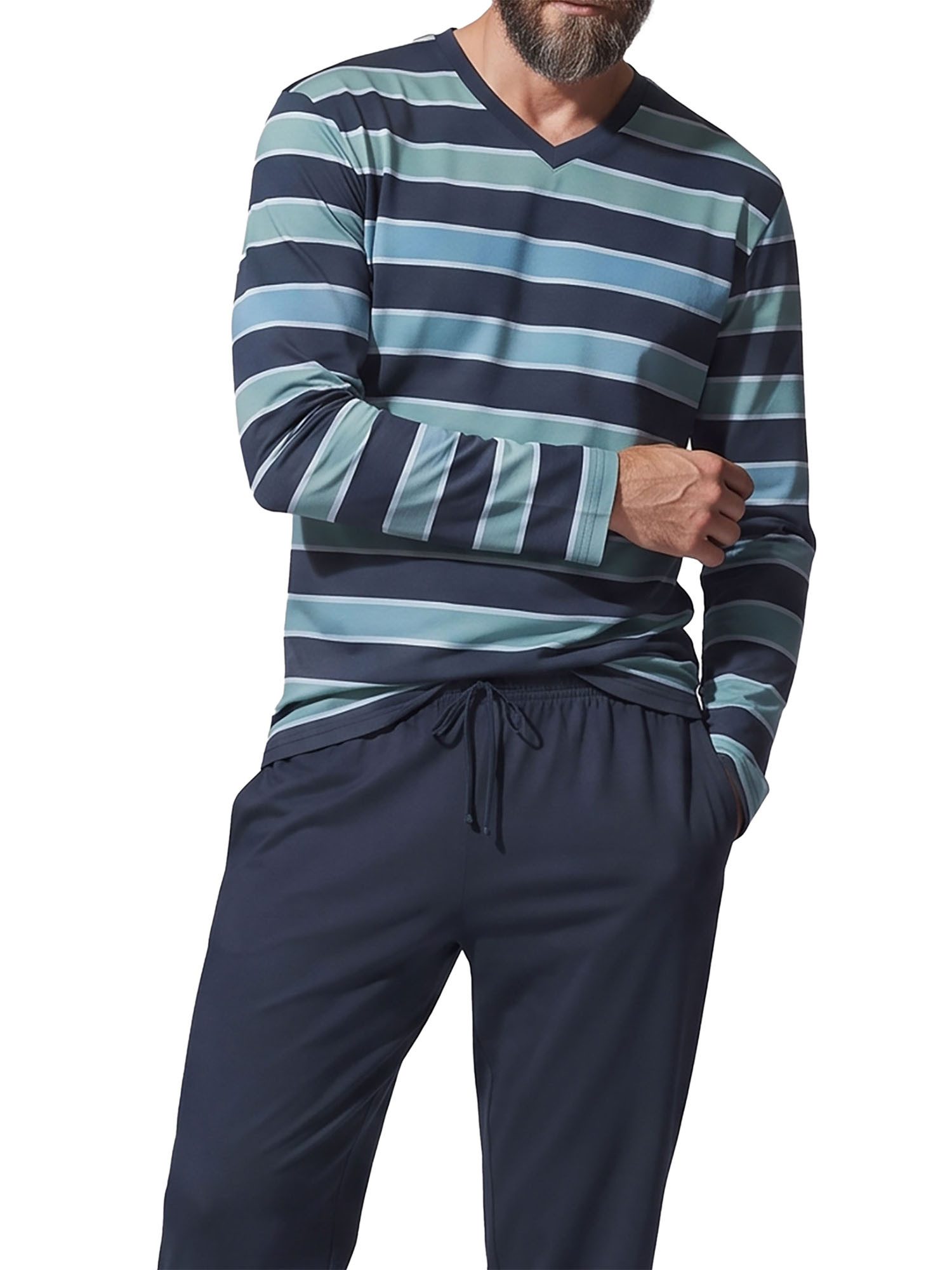 Ammann T-Shirt Herren Langarm Shirt Mix (Stück, 1-tlg) reine Baumwolle, Streifen-Design, V-Ausschnitt