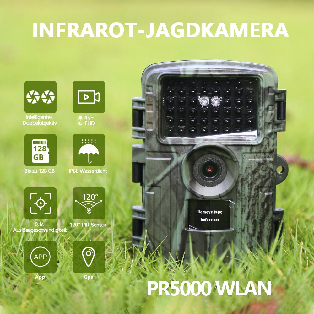 Tekoo Wildkamera 4K 60MP WiFi, App-Steuerung, IP66 wasserdicht, 0,2s Auslöser & 64GB SD (Außenbereich, Packung, Inklusive 64GB microSD-Karte, WiFi & App-Steuerung, Inklusive 64GB Speicherkarte, 0,2s Auslösezeit)