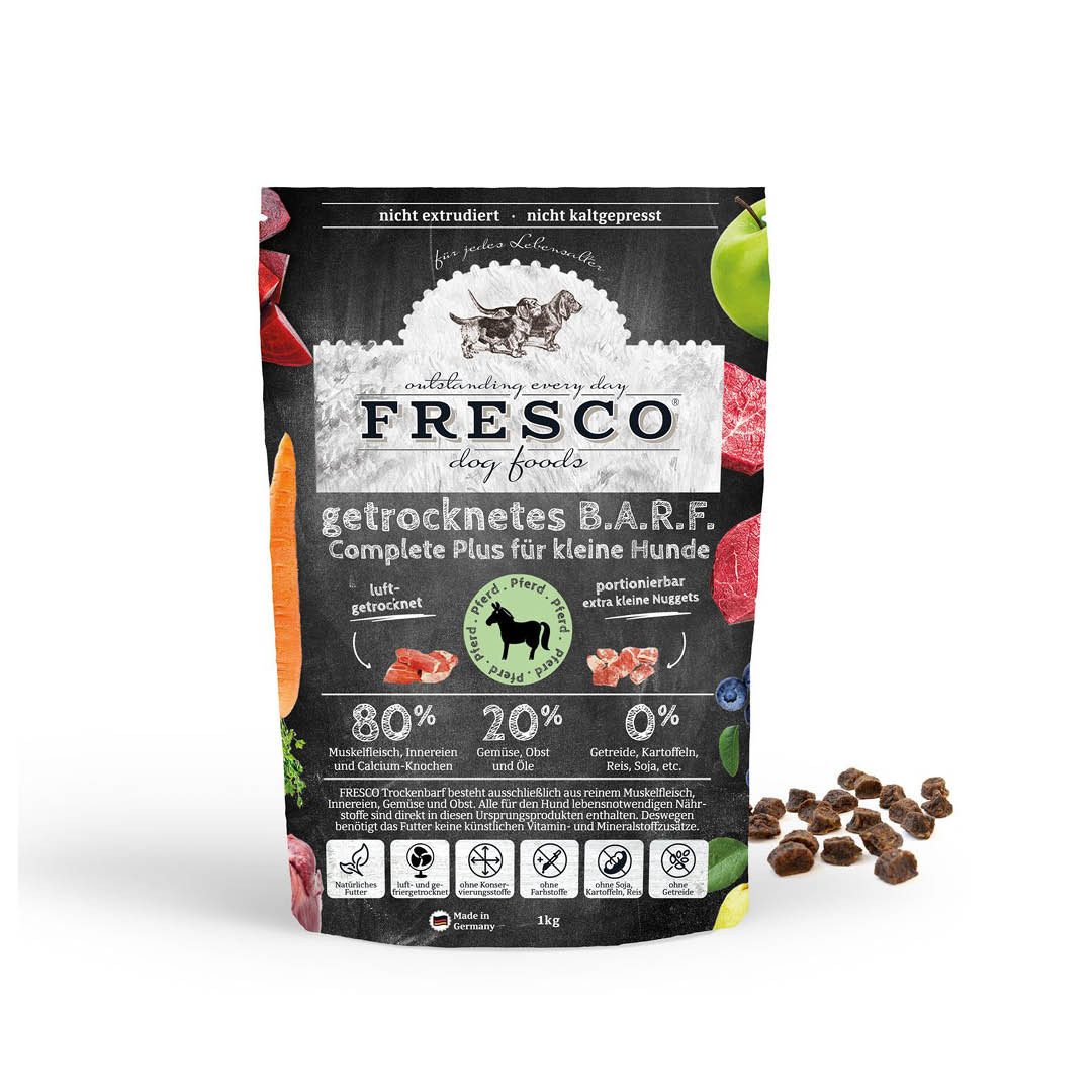 Fresco Dog TrockenBarf Pferd, für kleine Hunde, 1kg / 2,5kg / 5kg, Trockenfutter für: Hunde, Getreidefrei, zuckerfrei & hoher Fleischanteil