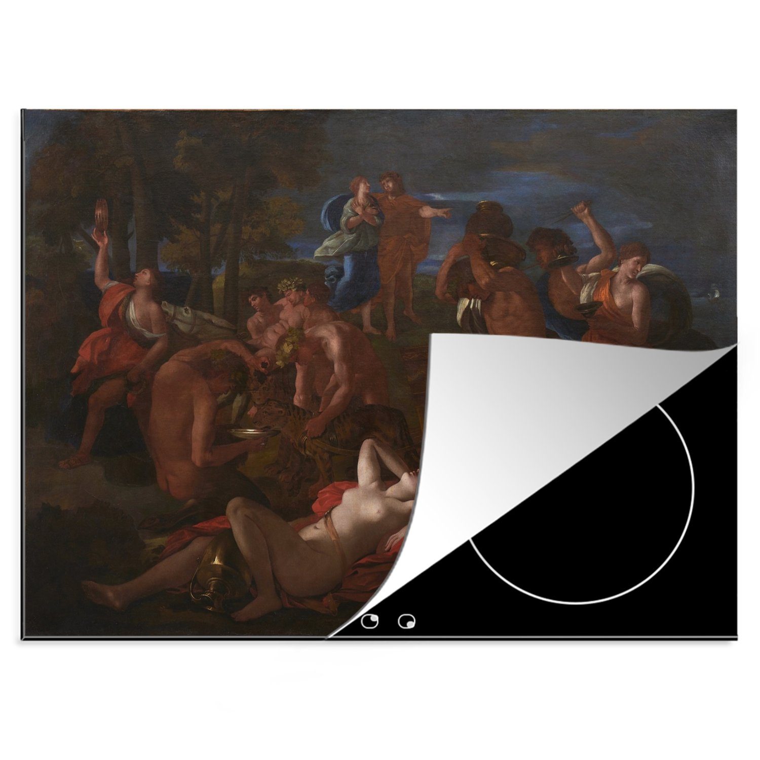 MuchoWow Herdblende-/Abdeckplatte Bacchus und Ariadne - Gemälde von Sébastien Bourdon, Vinyl, (1 tlg), 70x52 cm, Mobile Arbeitsfläche nutzbar, Ceranfeldabdeckung