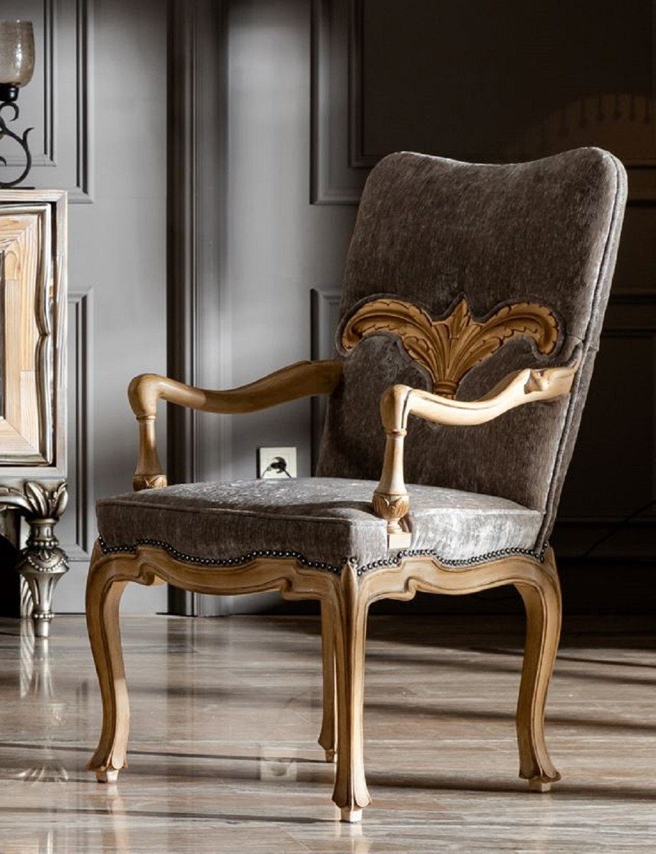 Casa Padrino Esszimmerstuhl Luxus Barock Esszimmerstuhl mit Armlehnen Grau / Naturfarben - Prunkvoller Massivholz Stuhl im Barockstil - Barock Esszimmer Möbel