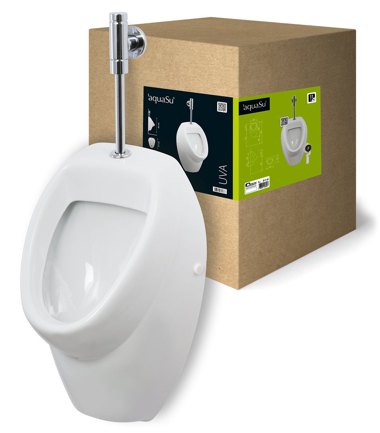 aquaSu Urinal, Keramik, Druckspüler, Abgang Hinten, (Komplettset, 4-tlg., mit Druckspüler, Absaugformstück, Winkelbefestigung), Weiß, 038973