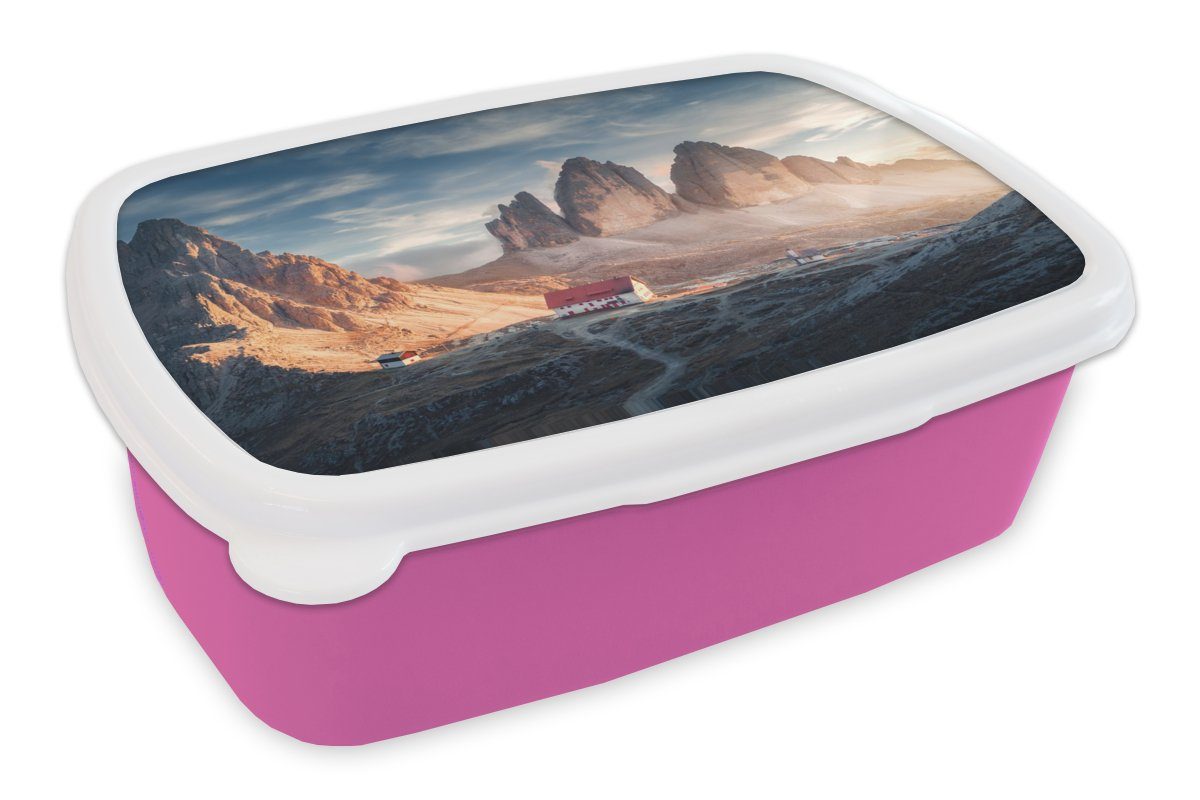 Lunchbox Brotdose rosa Kunststoff MuchoWow - Berge (2-tlg), Kinder, Landschaft, - Erwachsene, Mädchen, für Haus Kunststoff, Brotbox Snackbox,