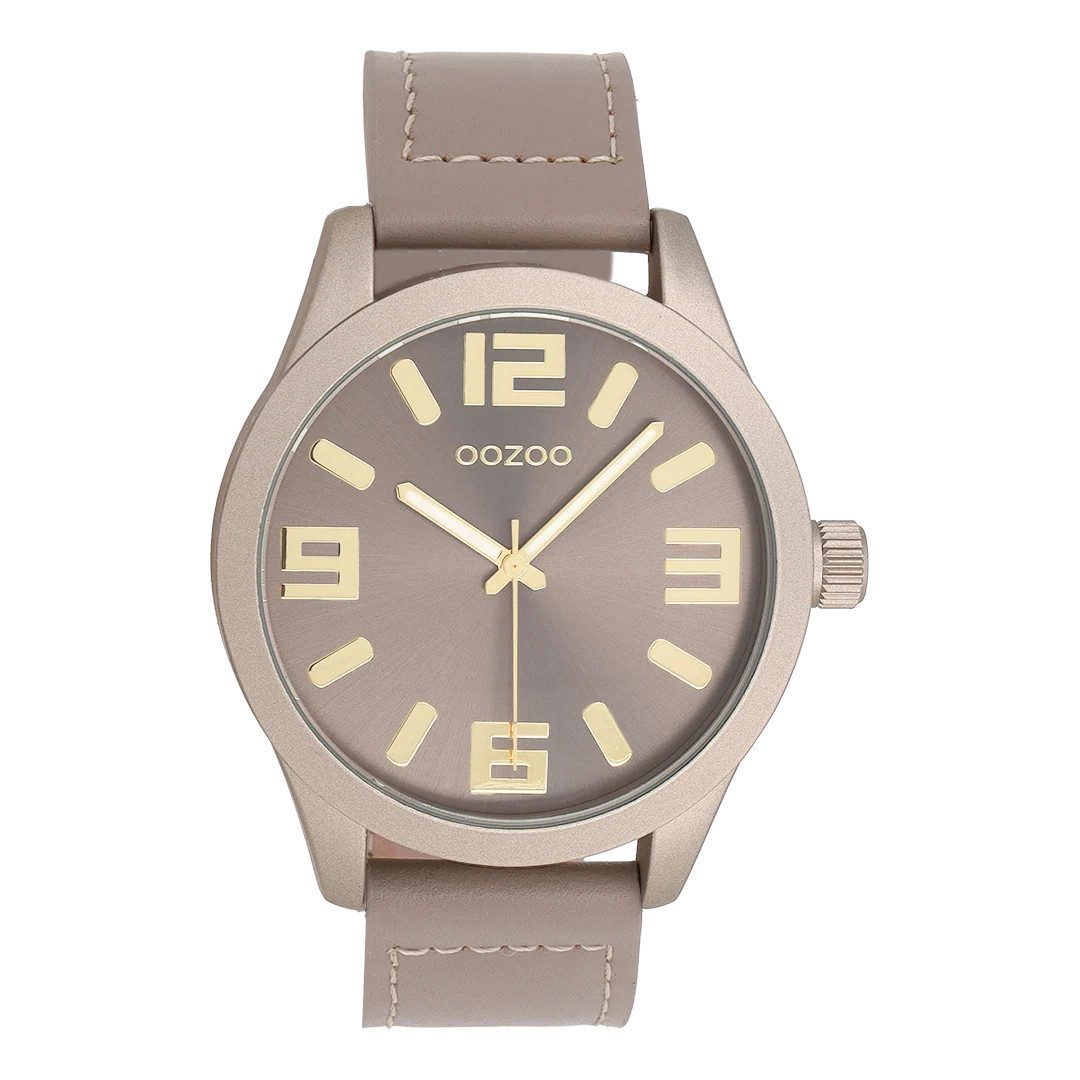 OOZOO Quarzuhr XXL Unisex Armbanduhr C0914 Taupe Gold Lederband 46 mm