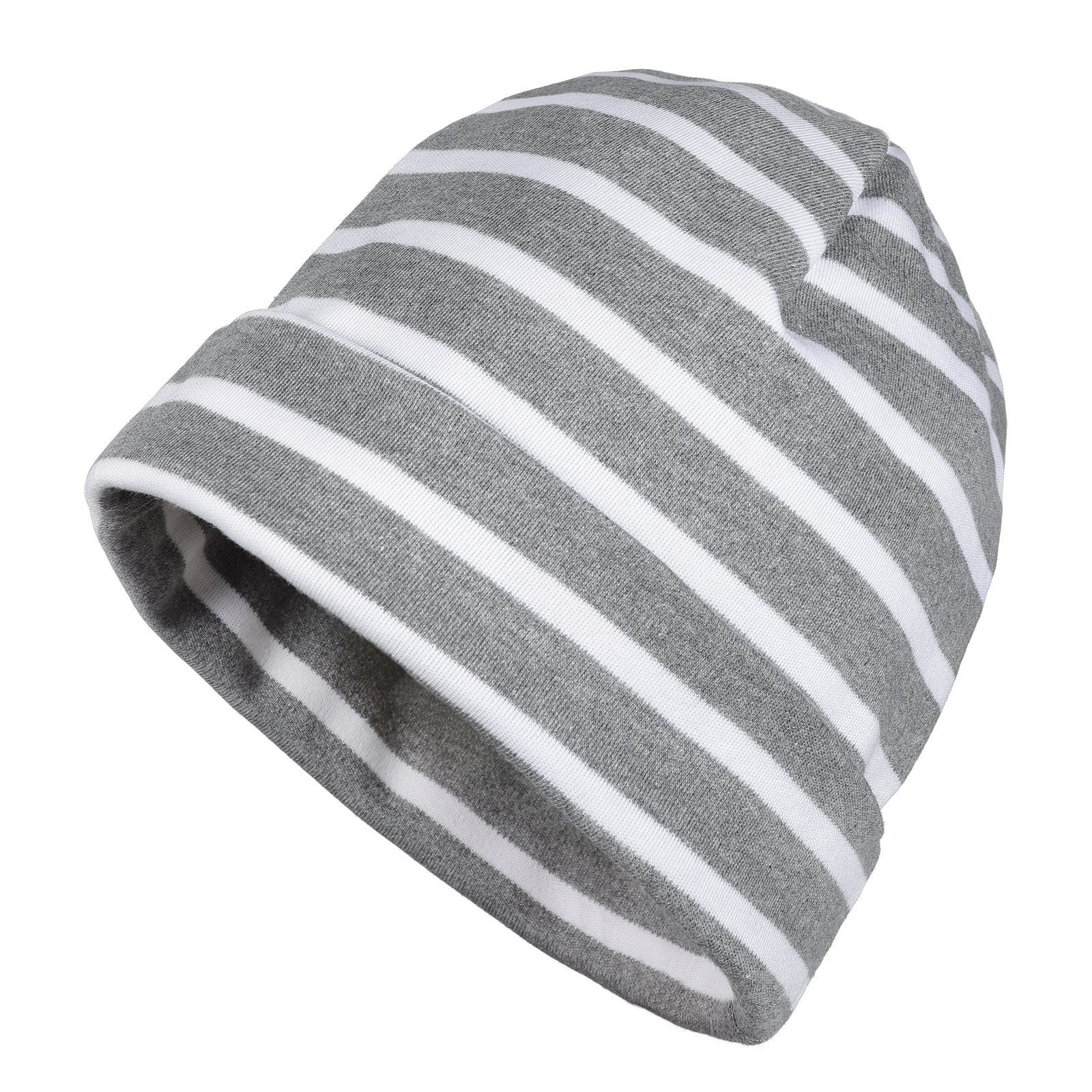 modAS Strickmütze Unisex Mütze Streifen für Kinder & Erwachsene - Ringelmütze Baumwolle (91) grau-melange / weiß