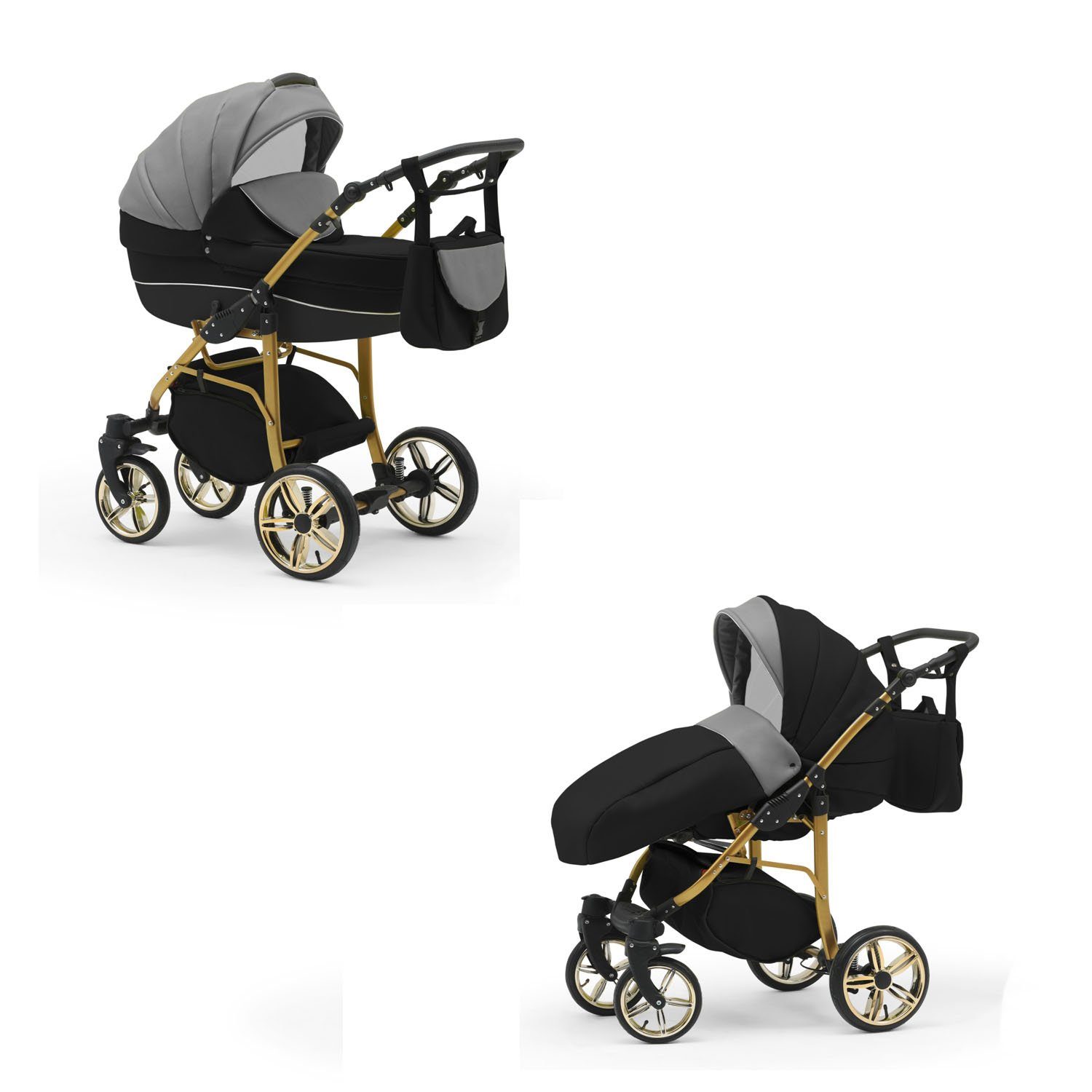babies-on-wheels Kombi-Kinderwagen 2 in Teile 13 Gold Cosmo Kinderwagen-Set in 1 - Grau-Schwarz-Schwarz ECO 46 Farben 