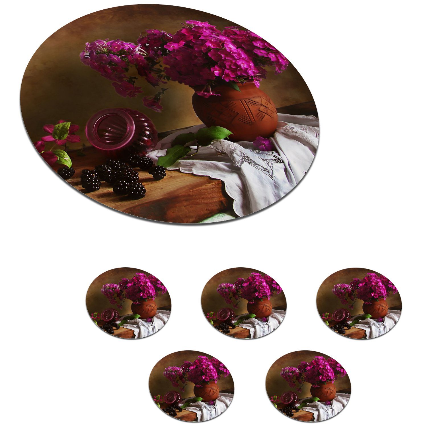 - Rosa für Tassenuntersetzer, Getränkeuntersetzer, Gläser, Rustikal Tasse, Stilleben, Blumen - Becher - 6-tlg., Korkuntersetzer, MuchoWow Zubehör Glasuntersetzer - Vase