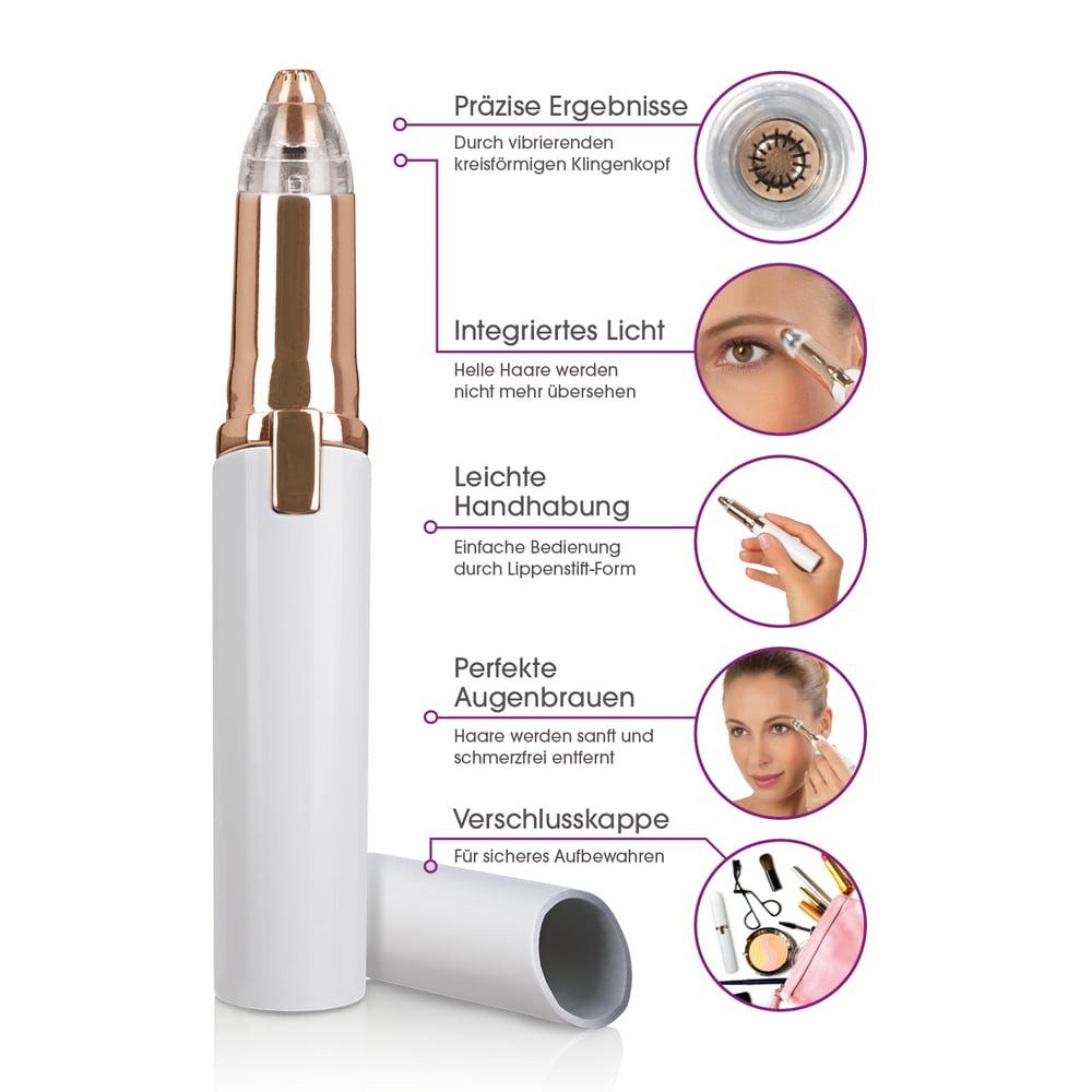 VITALmaxx Elektrogesichtshaarentferner "Perfect Shave", Haarentfernung ohne Rötung & Schmerzen LED-Licht Augenbrauen Oberlippe