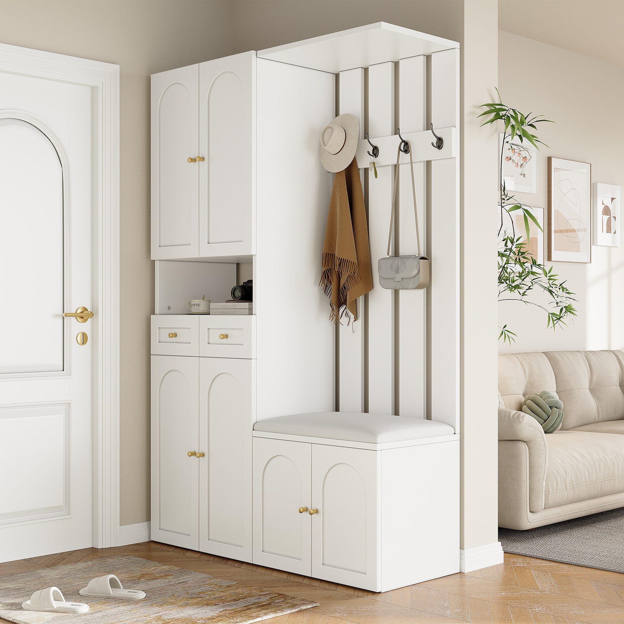 Refined Living Garderoben-Set Garderoben-Set mit Sitzbank, 6 Türen & 2 Schubladen, Weiß, (B110×T37×H180 cm, Flurgarderobe, Schuhschrank mit Sitzbank, 6 Türen, 2 Schubladen, 4 Haken, 1-St., viel Stauraum, All-in-One Möbel, modern, Weiß, stabil), mit Kippsicherung, für Flur, Garderobenbereich, kleine Wohnungen