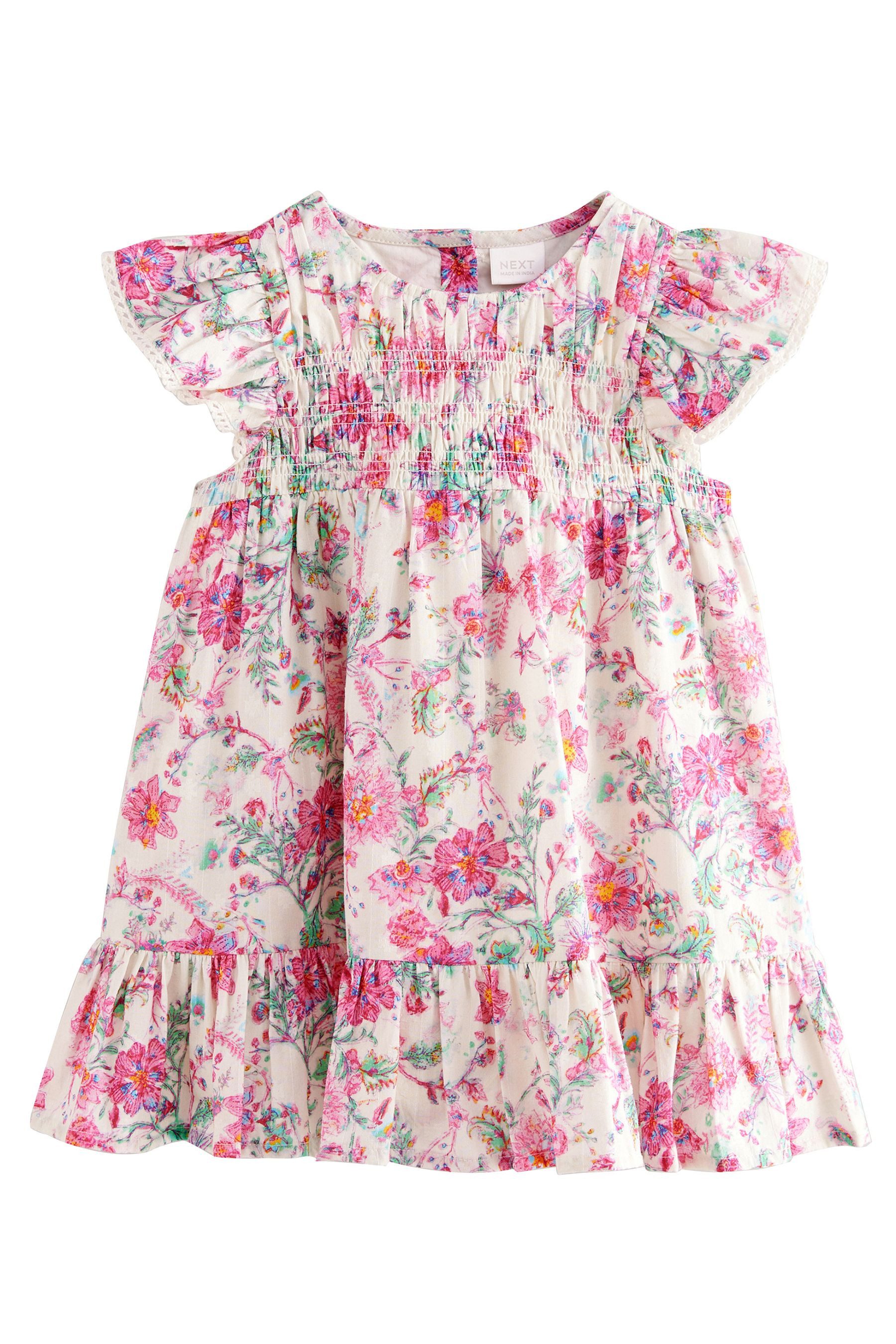 Volantkleid Gesmoktes Kleid mit Engelsärmeln 100 % Baumwolle