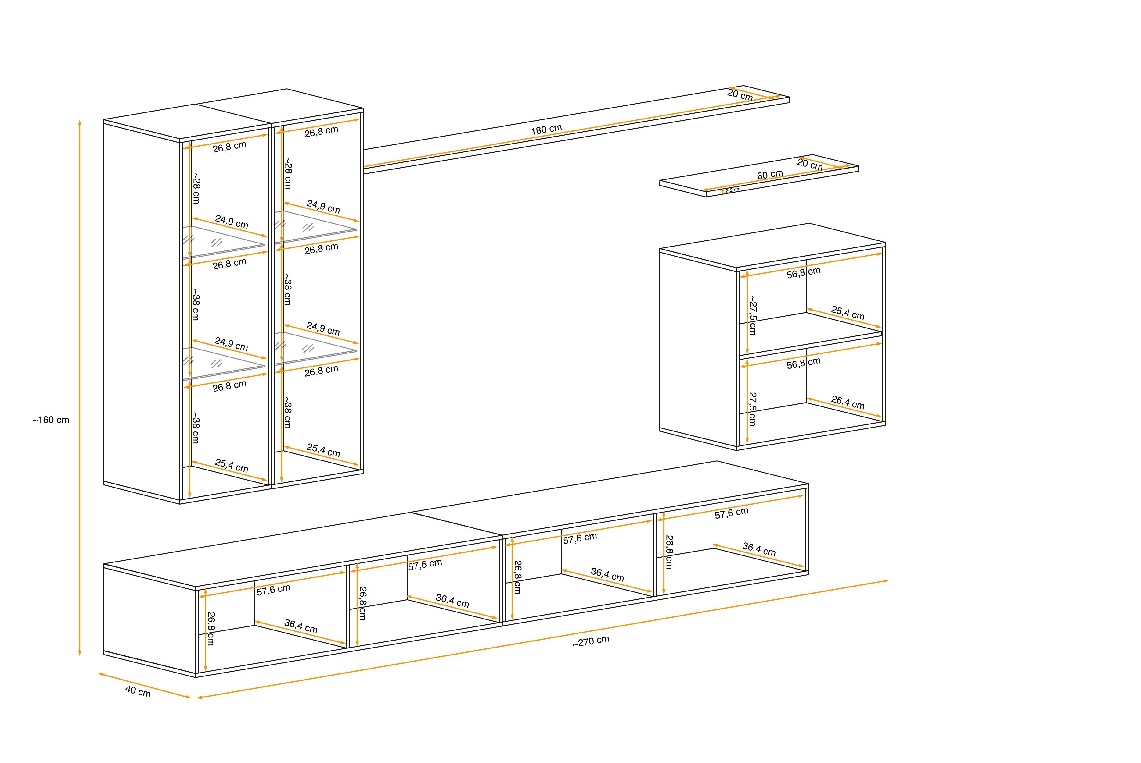 Wotan bestehend Eiche Wohnzimmer-Set), XII 2×Wandboard, St), Wohnwand - Stylefy aus 2×Hängevitrine, Weiß Swotch L, 1×Wandschrank (Set (7 2×Lowboard,