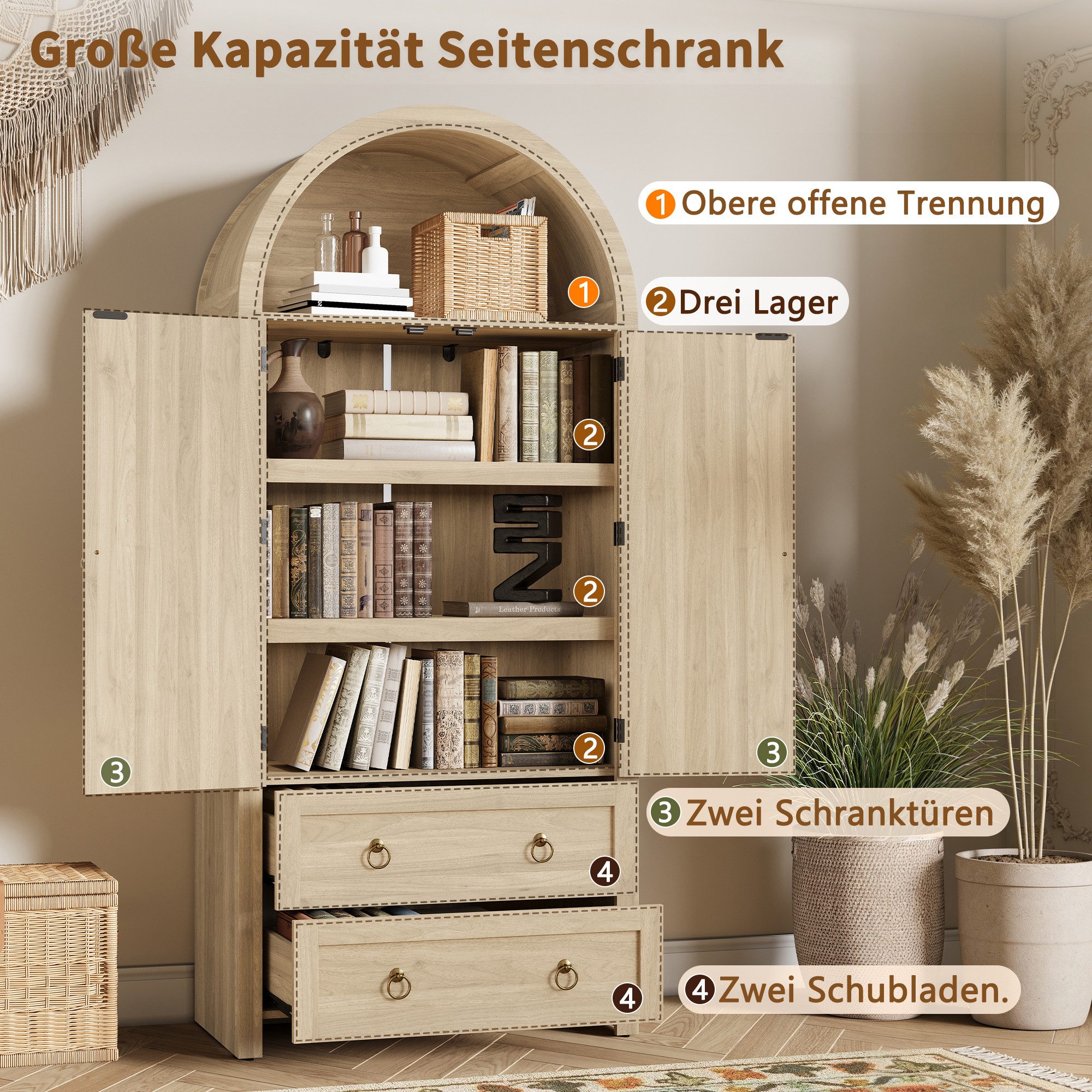 Merax Sideboard im Vintage-Rattan-Stil, Bogenförmiger Schrank (1 St., 80 L x 40 B x 180 H), Kommode mit 2 Türen, 2 Schubladen und Stauraum, Aufbewahrungsmöbel – Bild 4 von 5