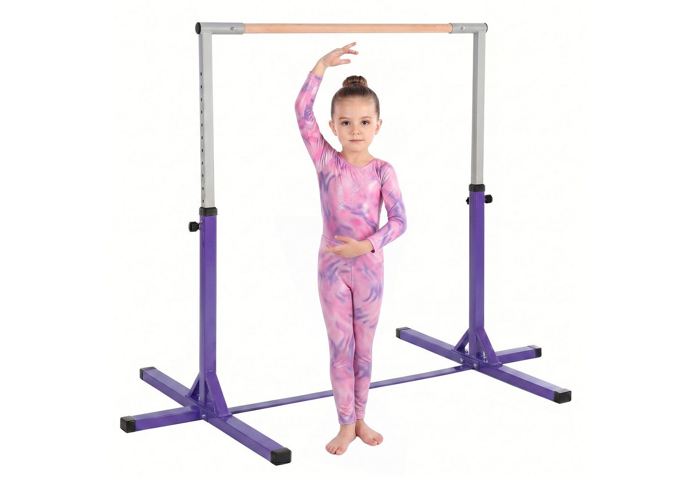 HOMCOM Turnreck Gymnastikstange höhenverstellbar Stahlkonstruktion bis 75 kg, (Turnstange aus Holz, 1-St., Reck), für 3+ Kinder, Indoor, Outdoor, Violett