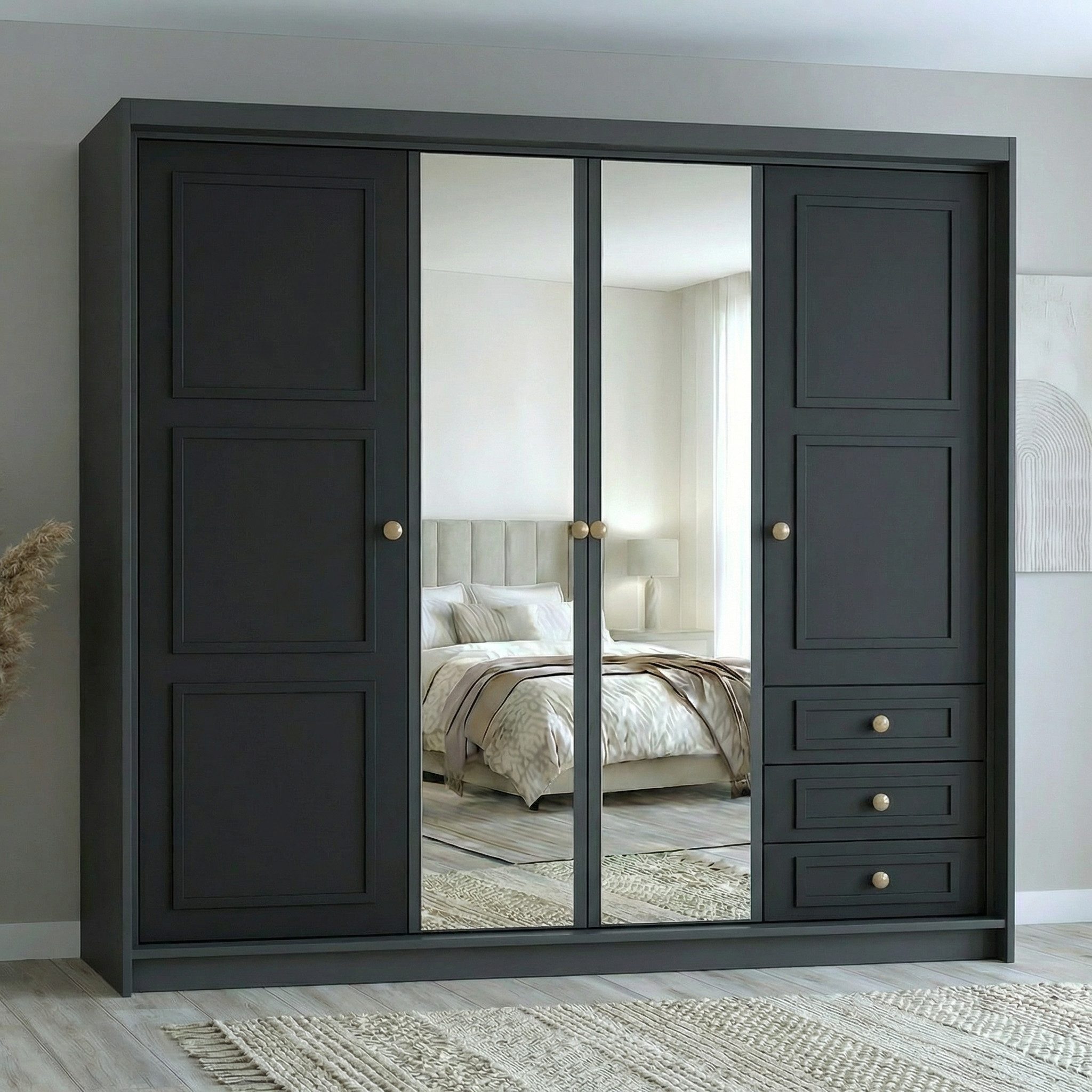 A&J MöbelLand GmbH Drehtürenschrank OSLO viertüriger Kleiderschrank mit Schubladen und Metallgriffen (Geräumiger viertüriger Kleiderschrank mit Schubladen und Metallgriffen. Geräumiger Schrank mit einer Breite von 200 cm und Schubladen, ideal zur Aufbewahrung von Kleidung und Accessoires. Viel Stauraum. TOP PRODUKT! Wählen Sie das ideale Modell für Ihr Schlafzimmer!, TOP ANGEBOT) Breite: 200 cm, Höhe: 215 cm, Tiefe: 59,5 cm