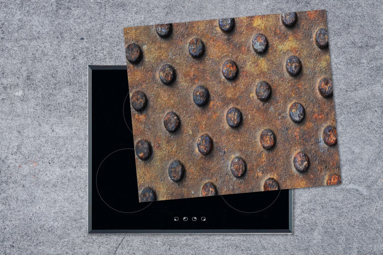 60x52 Eisen Vinyl, Arbeitsfläche - Rost (1 Herdblende-/Abdeckplatte nutzbar, - Ceranfeldabdeckung MuchoWow Abdeckplatte, Induktionsschutz cm, tlg), Mobile -
