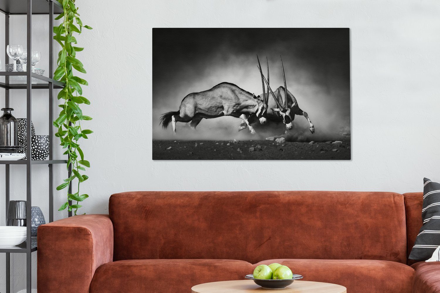 (1 Gemälde, Wildtiere großes, OneMillionCanvasses® - - St), und - für Antilope Porträt 120x80 Schwarz Tiere, Wandbild XXL, alle weiß cm - Leinwandbild Wohnbereiche,