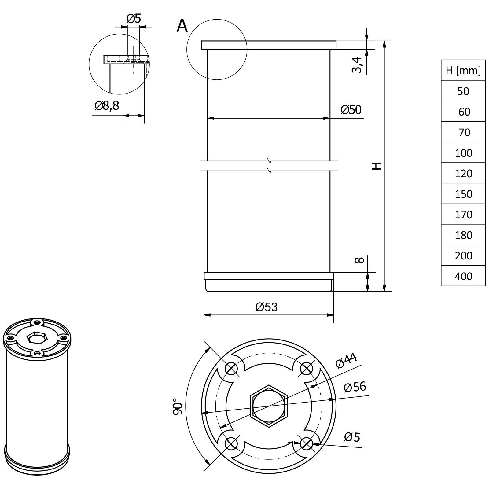 Aluoptik (1-St) Möbelfuß mm-400 Möbelfuß / 50 SO-TECH® Ø chrom 50 poliert, mm RADO mm Höhe: