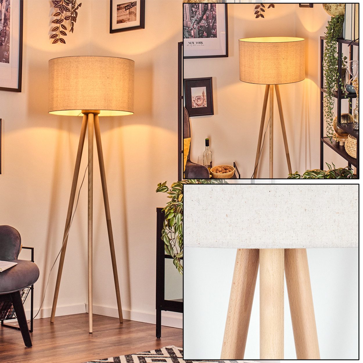 Stehlampe Stehlampe mit Holzfuß und Schirm aus Stoff