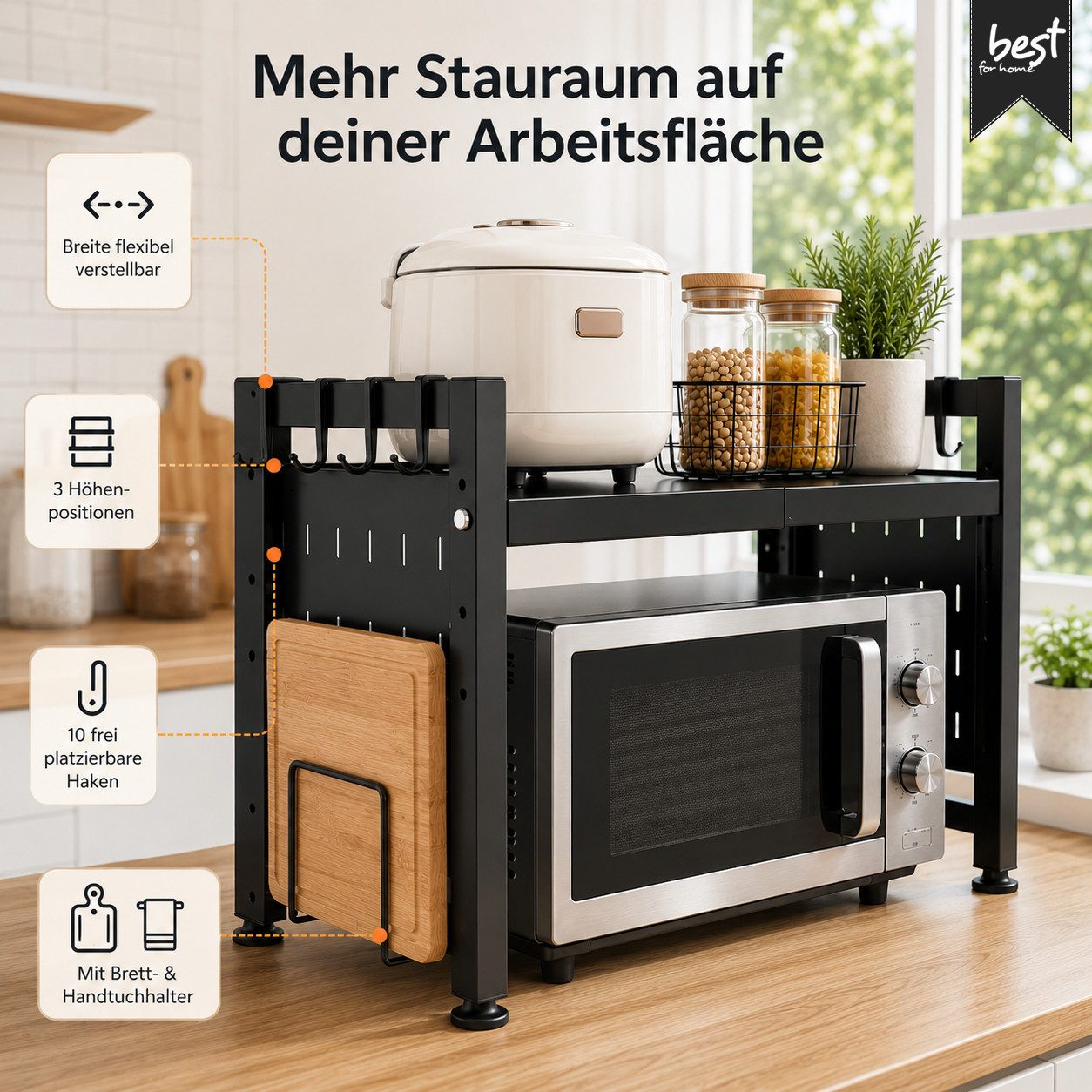 Best for Home Standregal Mikrowellen Regal 2-stufig ausziehbar für mehr Ordnung in der Küche, Einzelartikel 1-tlg., Breitenverstellbar 44–70 cm, 10 Haken, robus – Bild 2 von 5
