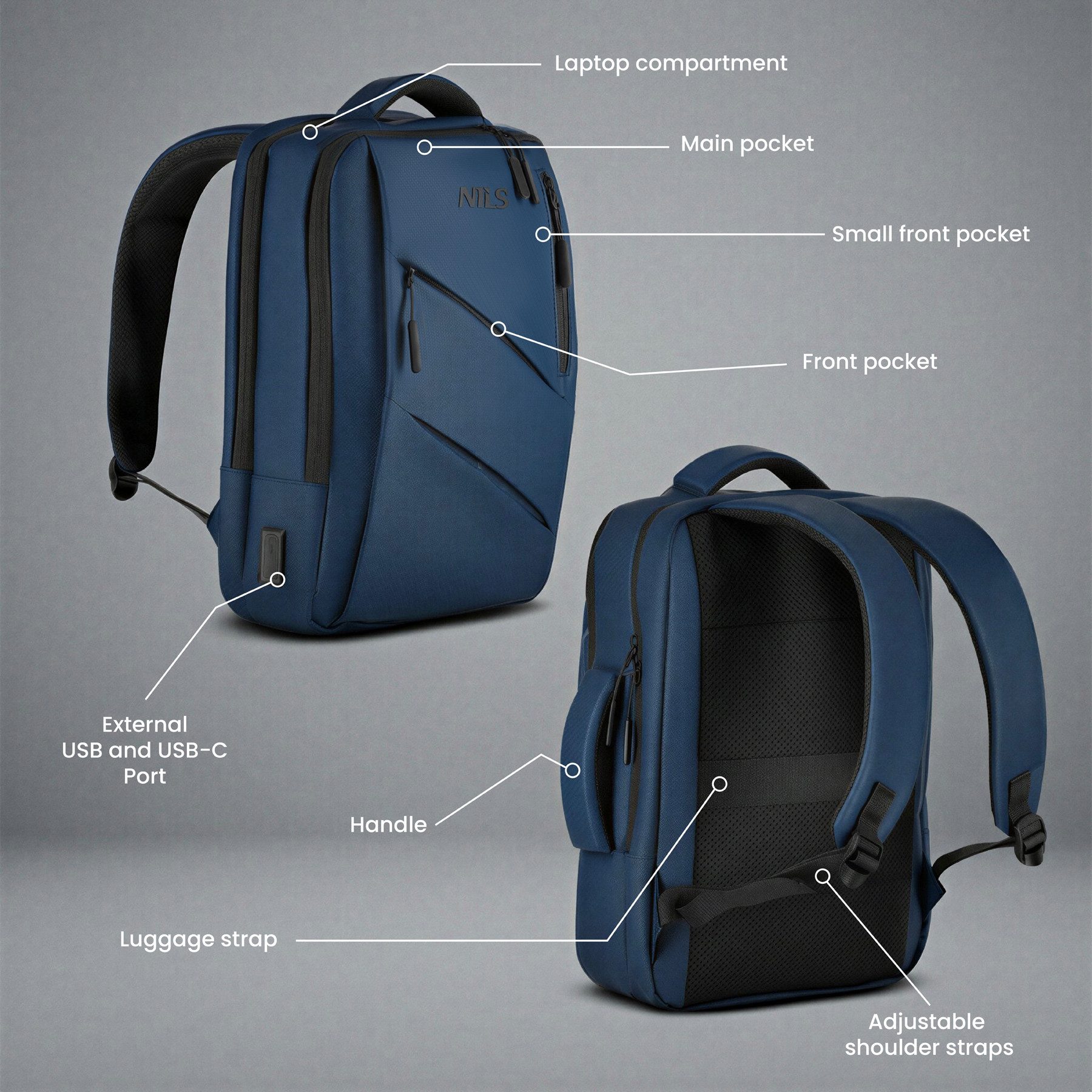 NILS CAMP Rucksack Laptoprucksack Businessrucksack Notebookrucksack (Spar-Set, 1-tlg., 42 x 30 x 15 cm leicht), USB- & USB-C-Anschluss, Laptopfach, Kofferbefestigung