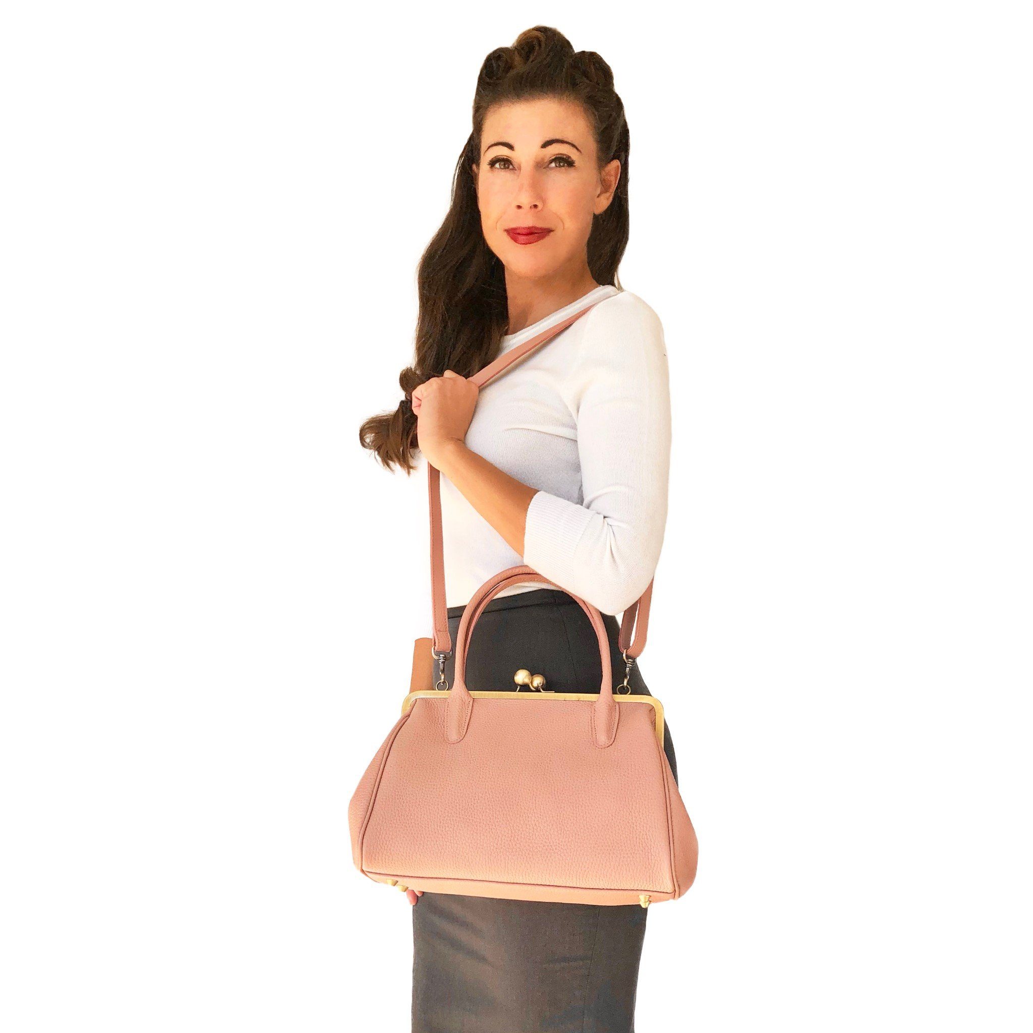 Taschenkinder Handtasche Handtasche "Marie", Damentasche, Schultertasche, Vintage Stil, Retro, Echt Leder, Vintage Stil, Retro Bügeltasche, Clipverschluss