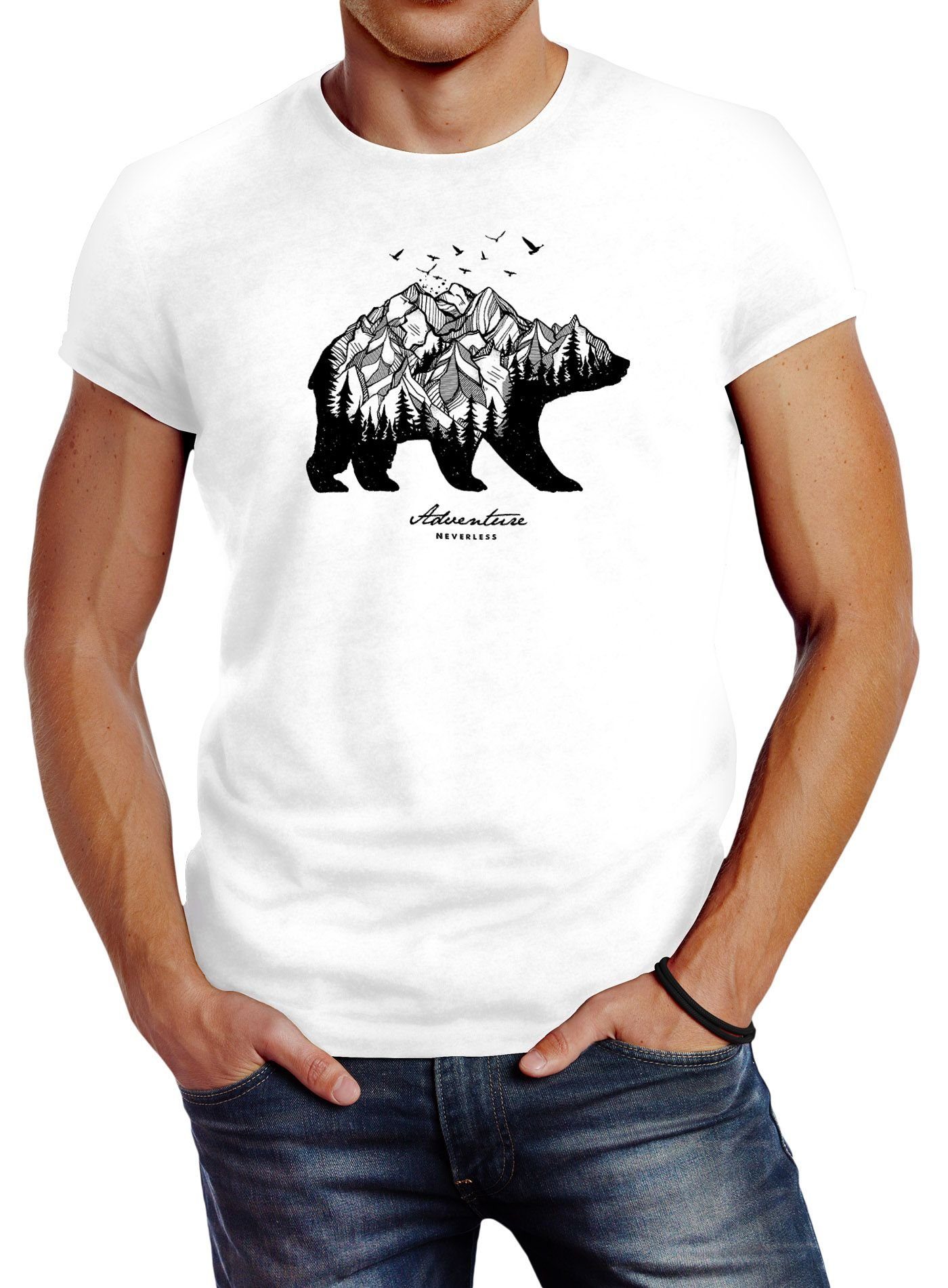 Berge T-Shirt Mountains Print Neverless® Slim Adventure Bär Wald Abenteuer Bear Fit mit Print-Shirt Herren Neverless weiß