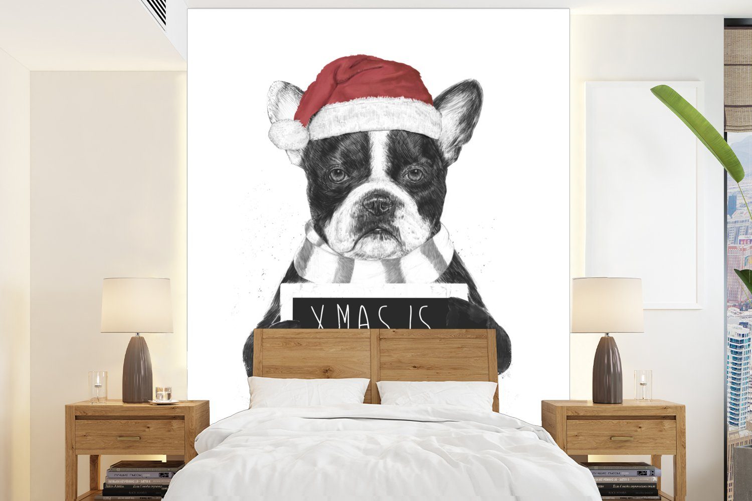 MuchoWow Fototapete Hund - Weihnachtsmütze - Schal - Tiere, Matt, bedruckt, (4 St), Montagefertig Vinyl Tapete für Wohnzimmer, Wandtapete