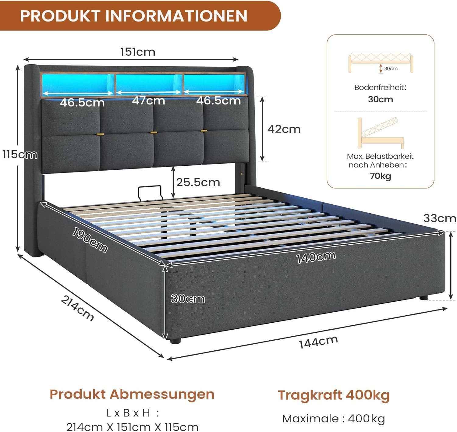 MSMASK Polsterbett mit LED Beleuchtung und Steckdosenleiste, hydraulisches günstig online kaufen