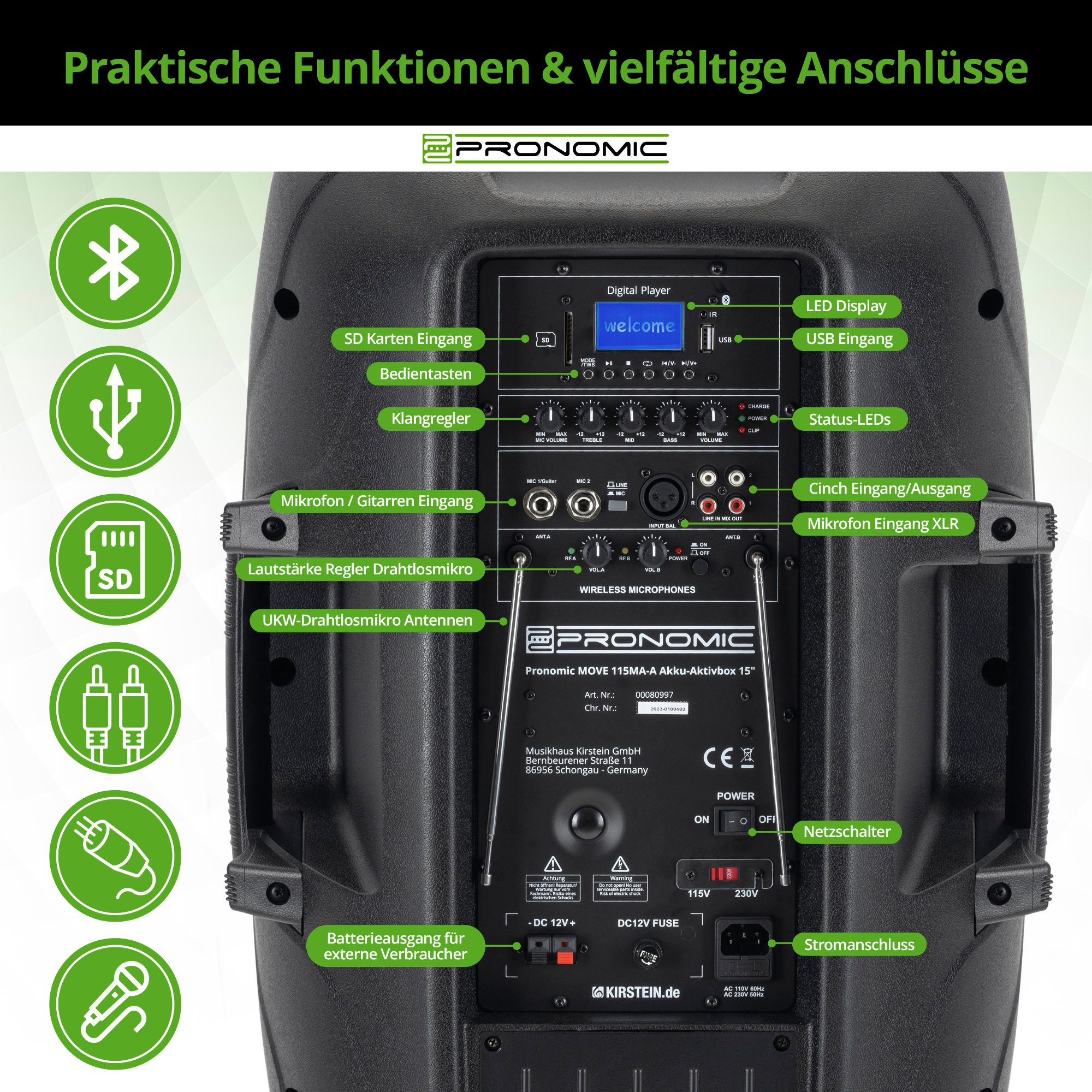 Pronomic MOVE 15MA-A Akku-Aktivbox - Mobile Soundanalage mit 15"-Woofer Lautsprecher (Bluetooth-Schnittstelle, 30 W, TWS Funktion inkl. Funkmikrofon & Headset)