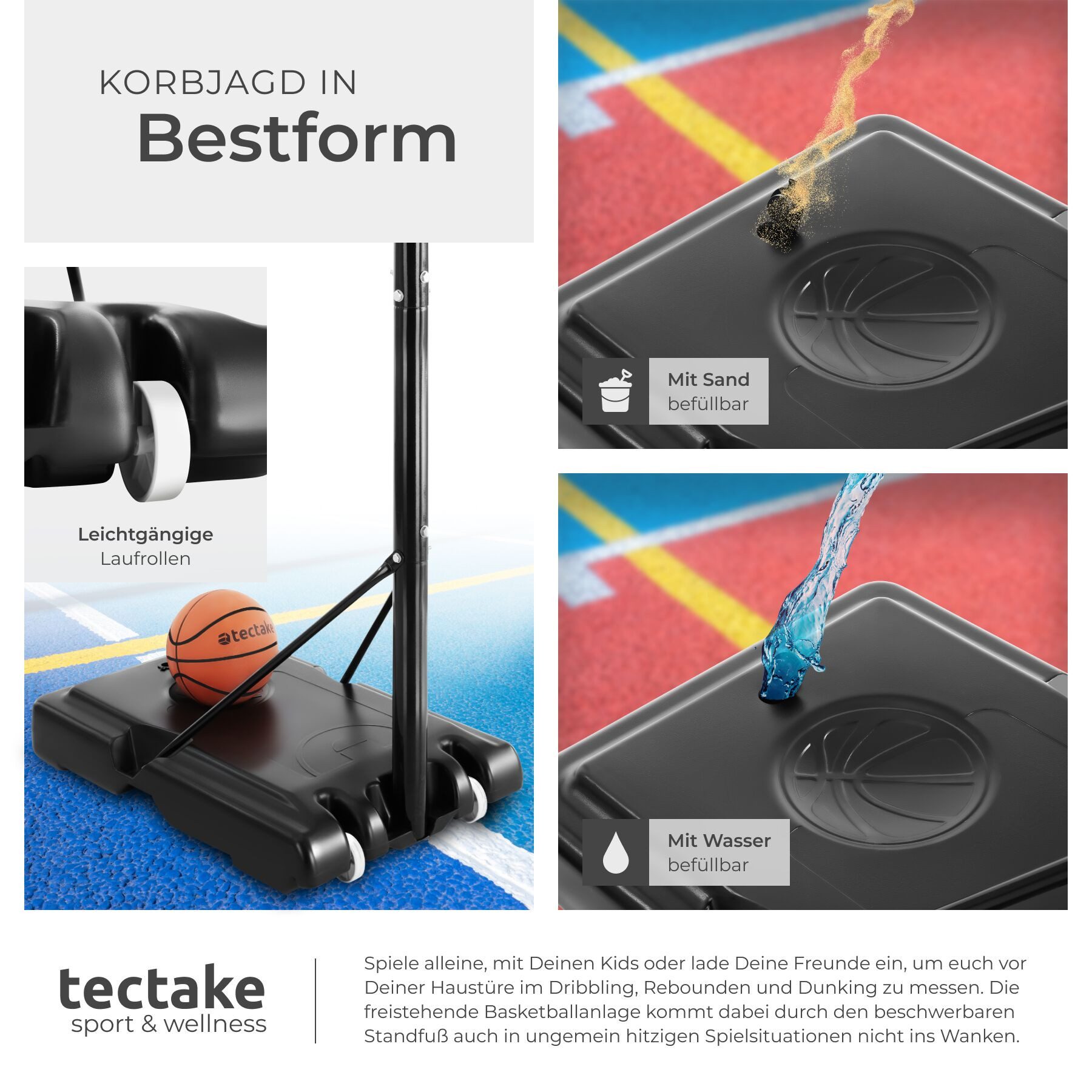 tectake Basketballkorb Basketballanlage Dirk, Korbhöhe 230 - 305 cm, mit Ball & Pumpe (Komplettset, Korbanlage inkl. Basketball, Luftpumpe und 2 Netze), Basketballanlage mit höhenverstellbaren Korb