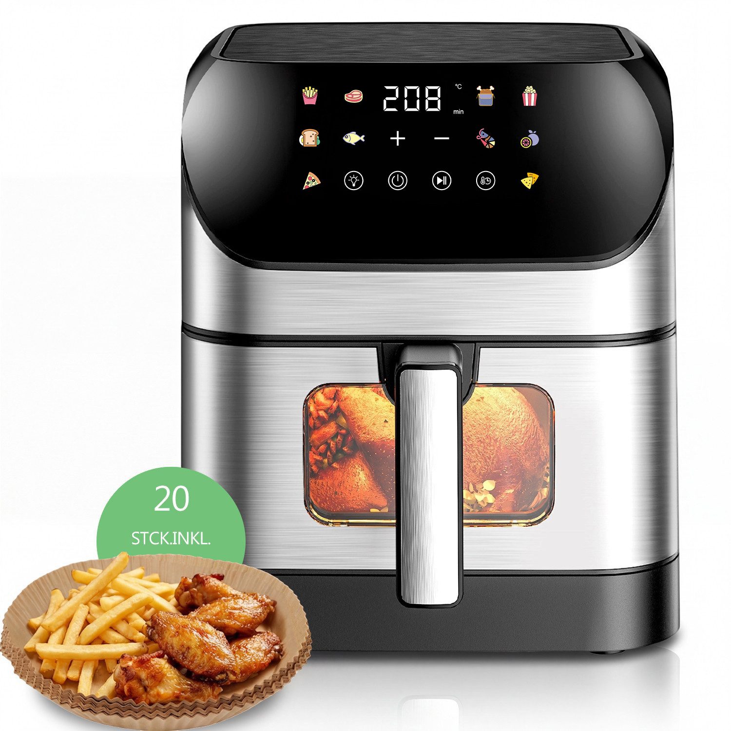 oyajia Heißluftfritteuse Heißluftfritteuse XXL 8L mit Sichtfenster, Friteuse ohne Öl 80°C-200°C, 1800 W, Airfryer mit 10 Programmen, Beleuchtung, Timer und Touch-Display