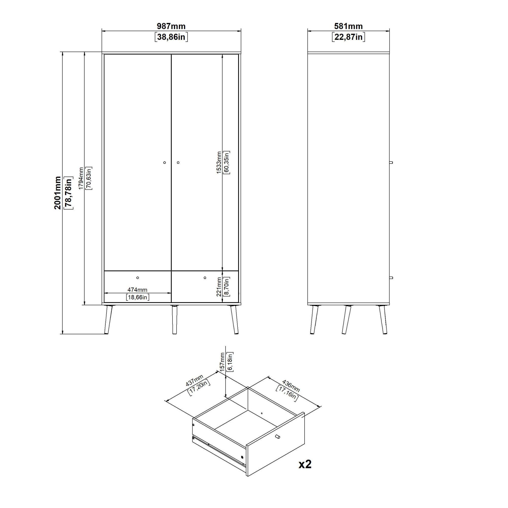 andas Kleiderschrank Bodo, Drehtürenschrank, Aufbewahrung Kasten Schrank Stauraum 2 Türen, 2 Schubladen, Beine und Griffe Massivholz, Breite 99 cm