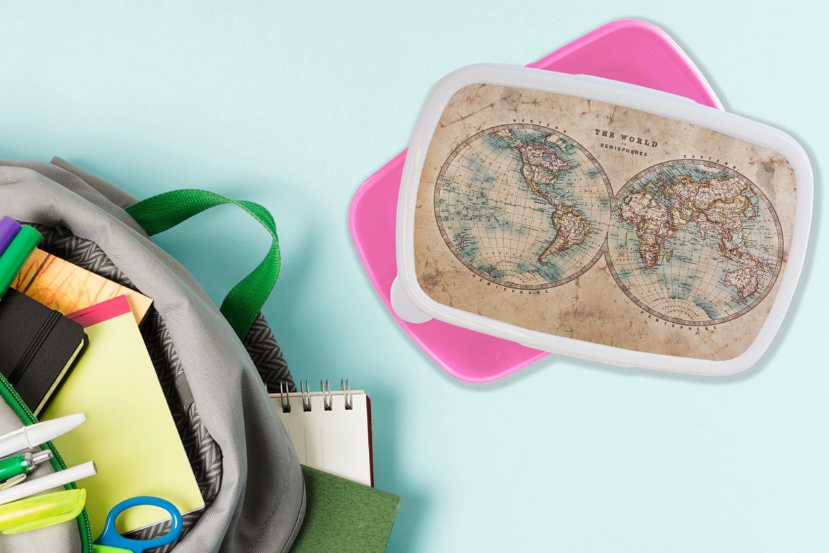 MuchoWow Lunchbox Weltkarte - Papyrus (2-tlg), Junge Snackbox, Mädchen, Brotbox Vintage Kunststoff Erwachsene, Kunststoff, Mädchen, für Kinder Kinder, - Brotdose - rosa - 