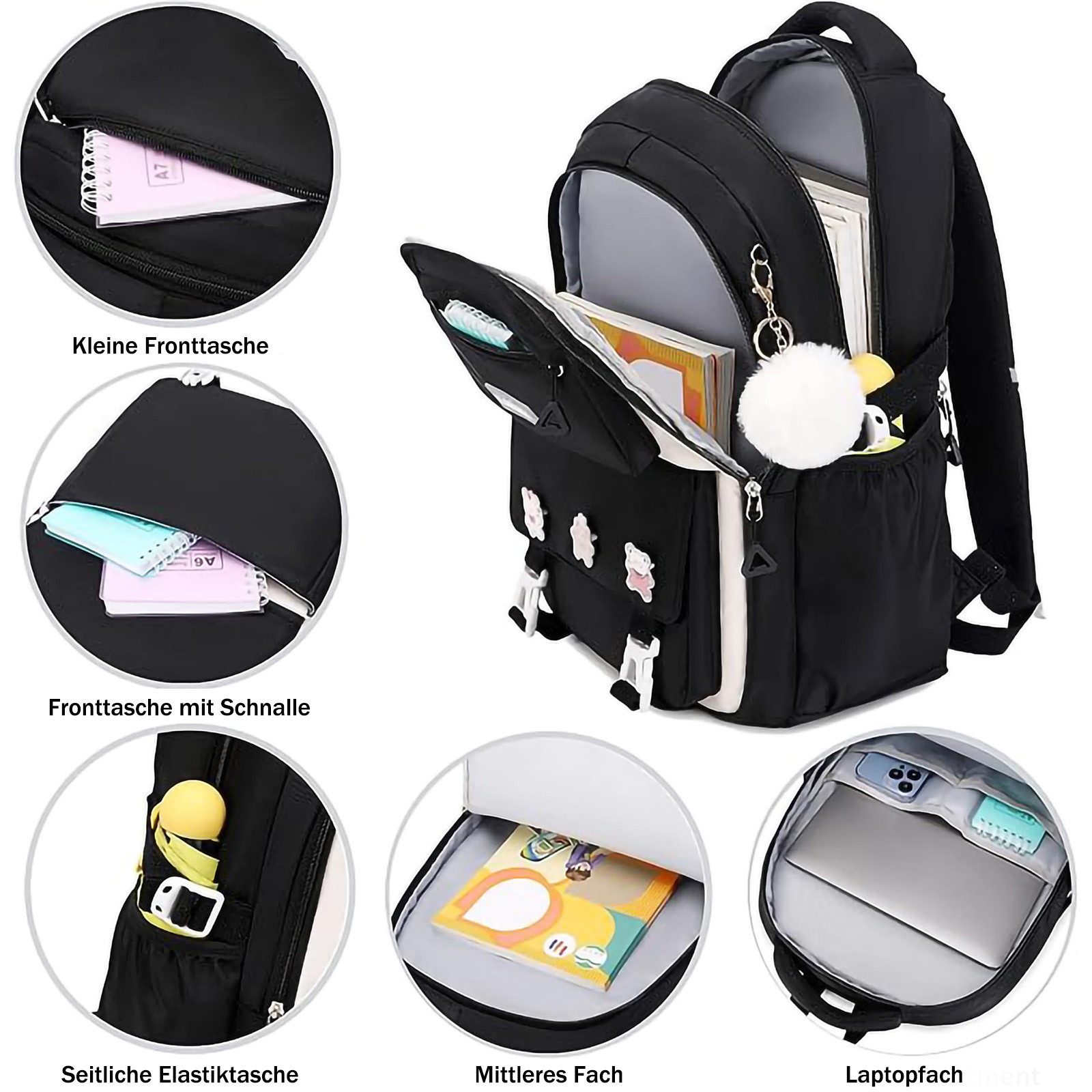 MOPUEA Schulrucksack Teenager-Schulranzen-Set, mit Stifteetui und Badge-Label (Wasserdicht Schulranzen,Unisex Geeignet für Mittelstufe-Universität, 2-tlg., für  – Bild 4 von 5