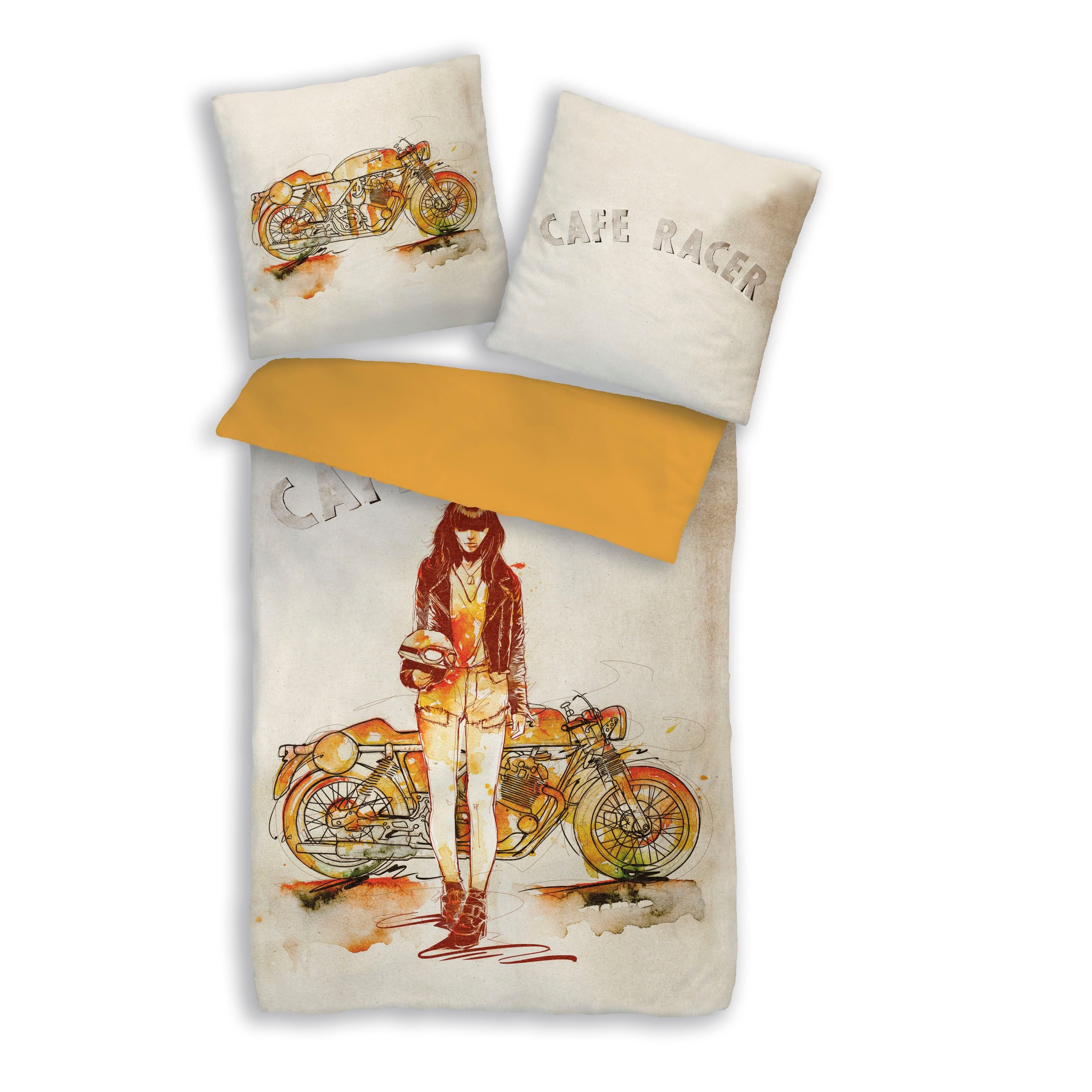 Träumschön Bettwäsche Premium Mako-Satin-Baumwolle 135x200 oder 155x220 cm, Café Racer, Baumwolle, 2 teilig, mit Reißverschluss, luftig und leichte Sommerbettwäsche