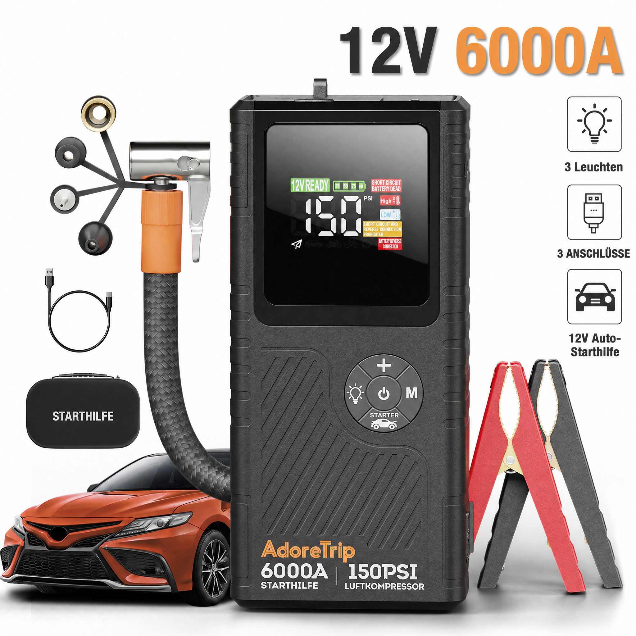 Blossom 4-in-1 Auto Starthilfe 6000A mit Kompressor 150 PSI, 12V Jump Starter Starthilfegerät 12000 mAh (12 V), Reifenfüller mit LED Display, Powerbank und Notfalllicht