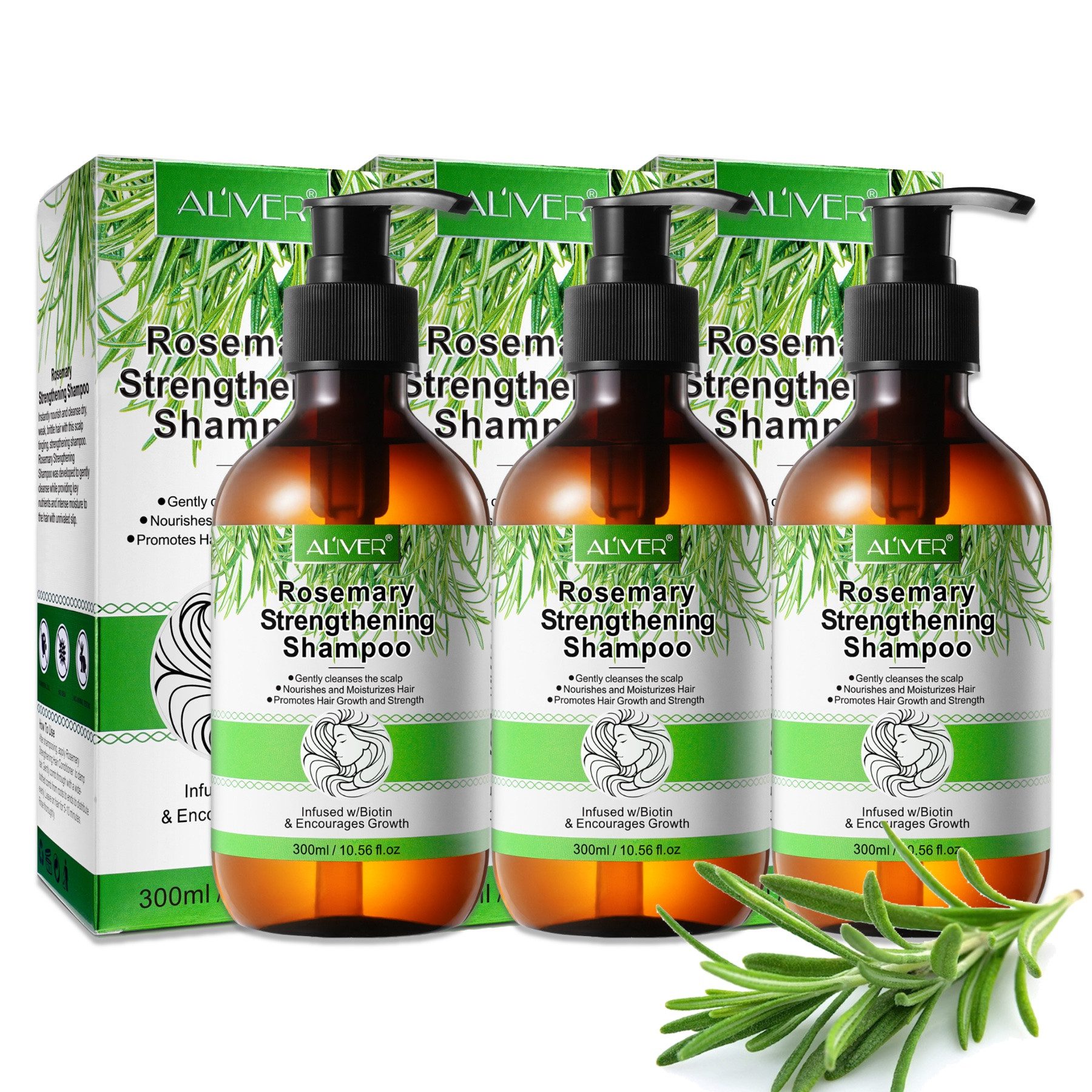 ALIVER Haarshampoo Shampoo Rosmarin für Haarwachstum Pflegeshampoo 300ml Aliver, 3-tlg.