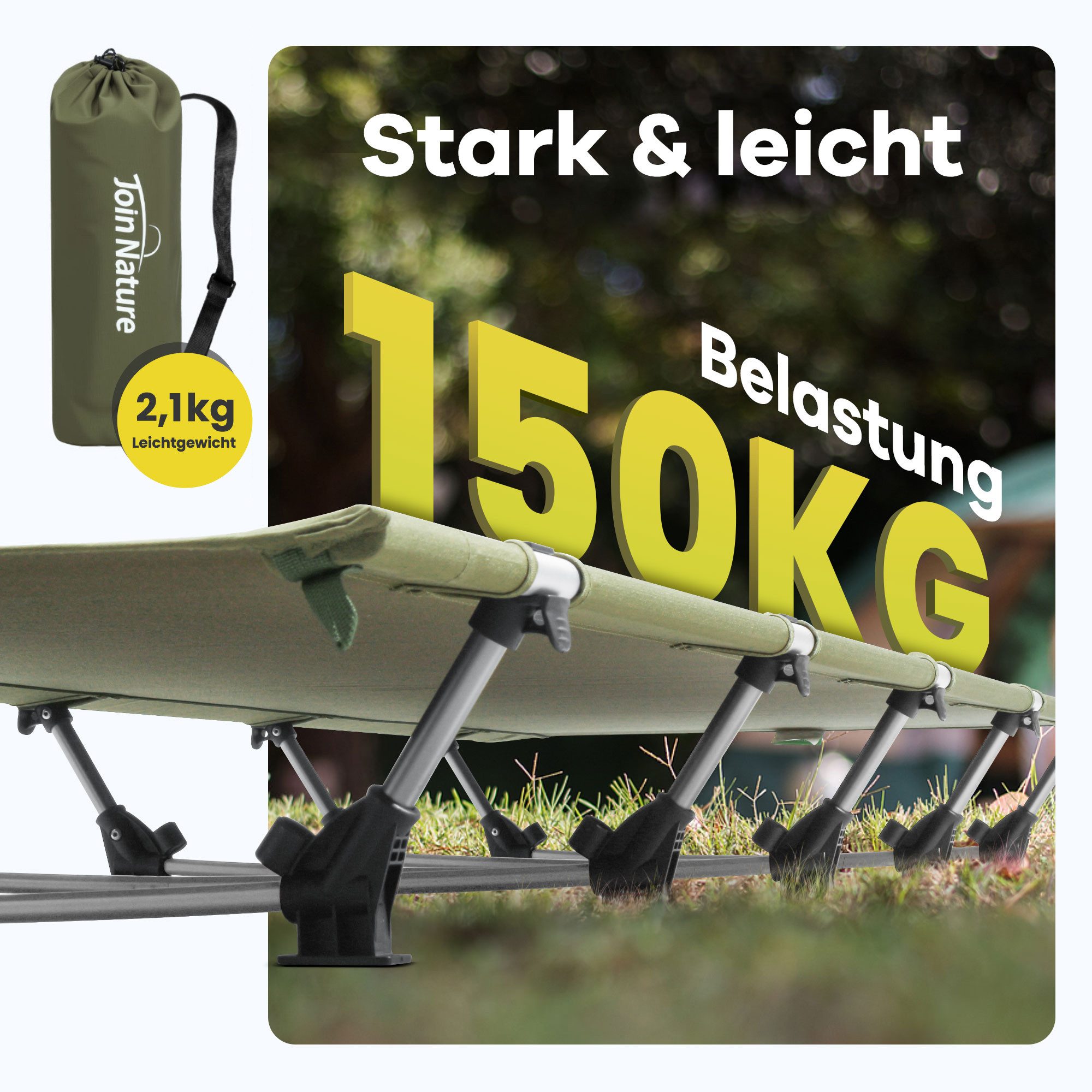 HOMECALL Feldbett Ultraleichtes Campingbett klappbar für Erwachsene für Zelten (Campingliege 150 kg Belastbar) für Zelten, Wandern, Outdoor, Büro Mittagspause, Gästebett Join Nature
